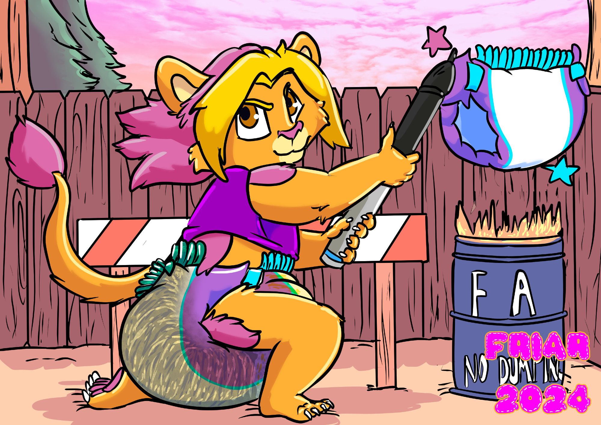 Illustration of Friar the wet and messy diapered lion drawing a diaper with a large magical pen in front of a burning trash barrel labeled FA.