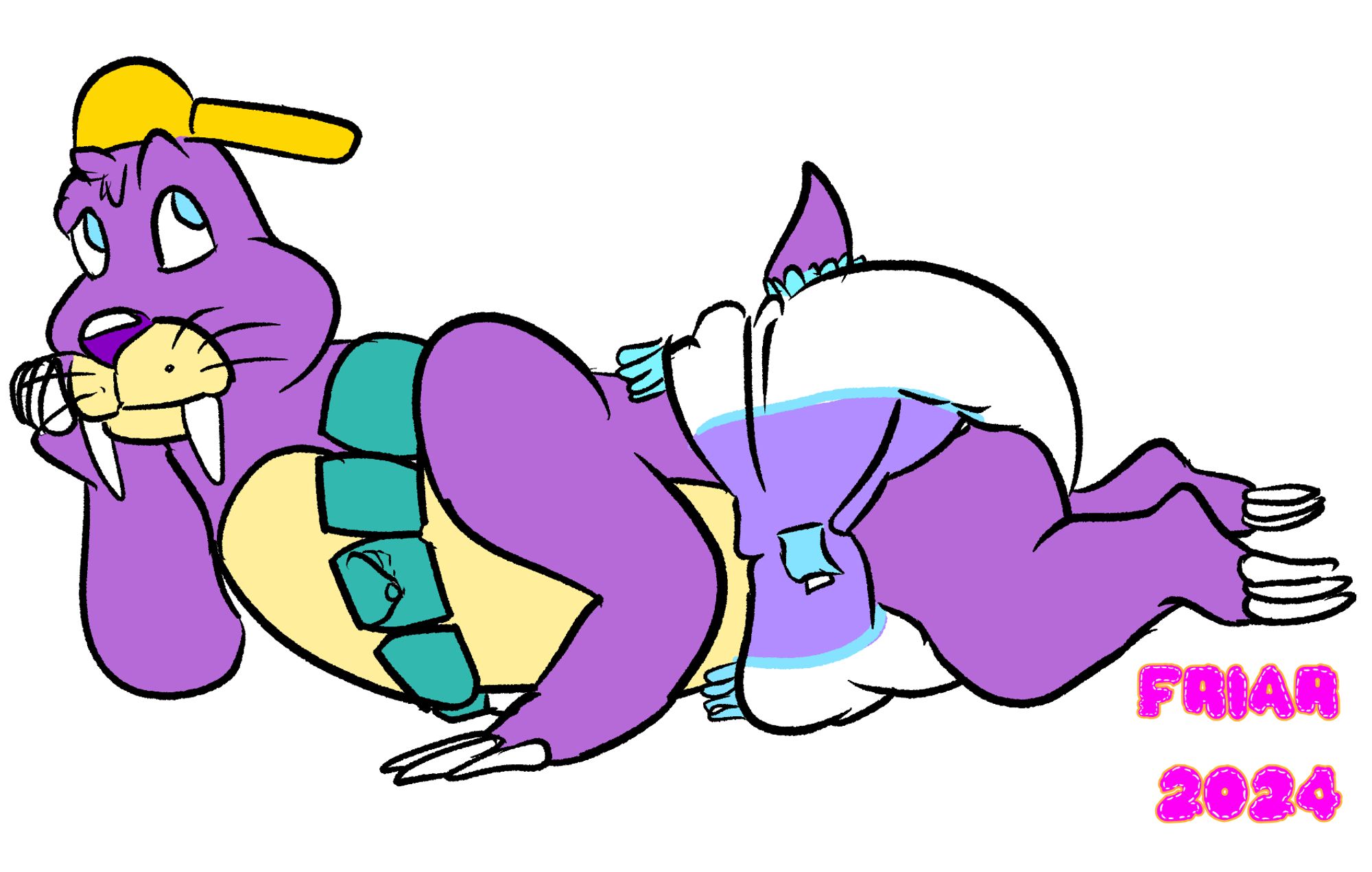 illustration of Rotor Walrus the freedom fighter in a diaper posed cutely on his tum and side.