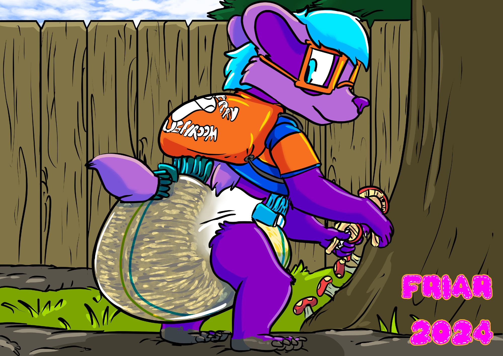 Illustration of Everett the wet and messy diapered badger picking mushrooms behind the fence by the tree. His feet are muddy from the ground.