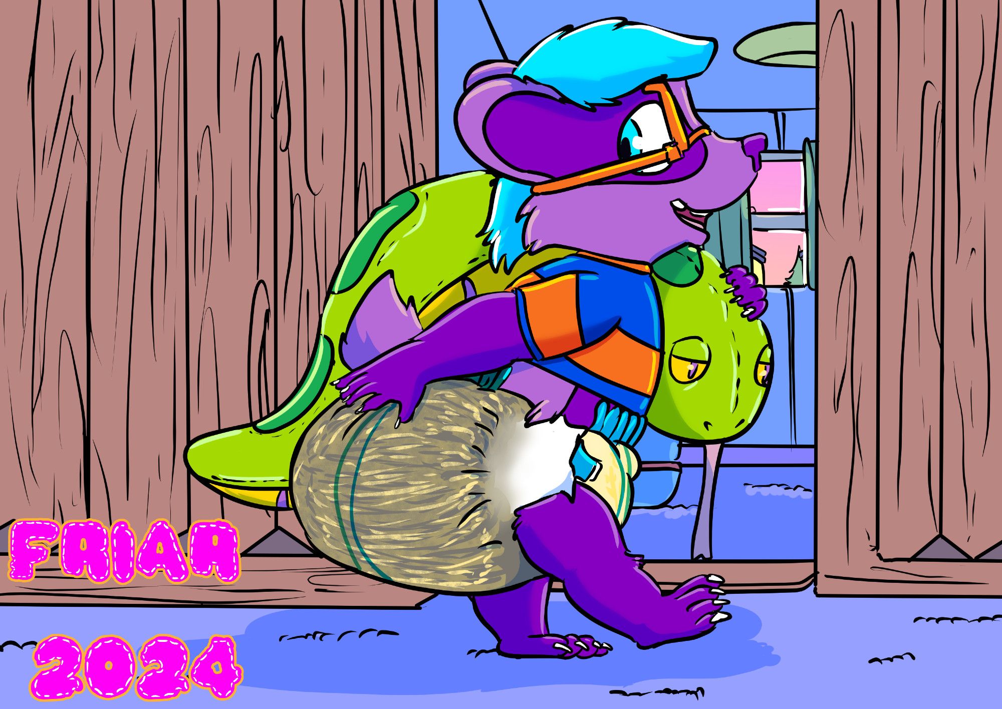 Illustration of Everett the wet and messy diapered badger squishing his diaper in front of the doorway to his bedroom as he holds his snake plushie.