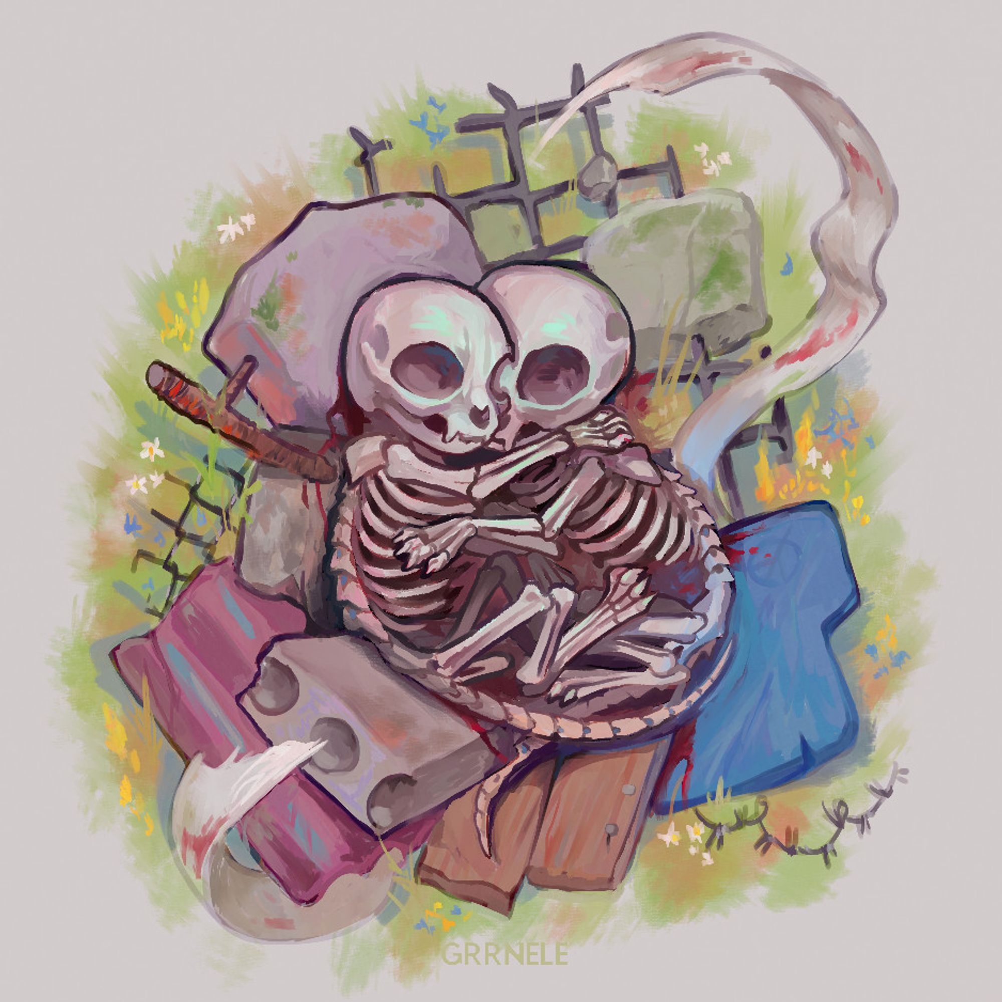 #art #cat #skeletons #death #blood