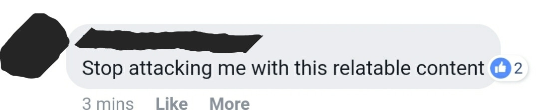 A Facebook comment reading "Stop attacking me with this relatable content' 
