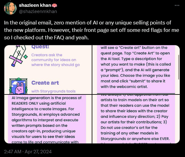 In the original email, zero mention of AI or any unique selling points of the new platform. However, their front page set off some red flags for me so I checked out the FAQ and yeah.