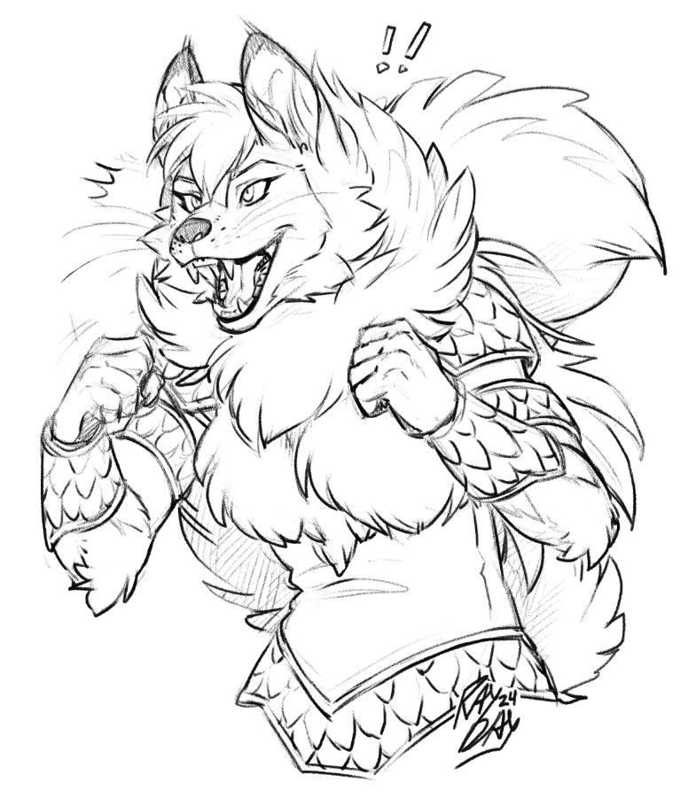 A sketch of a werefox girl with scale and fur armour clenching her fists and doing a yay