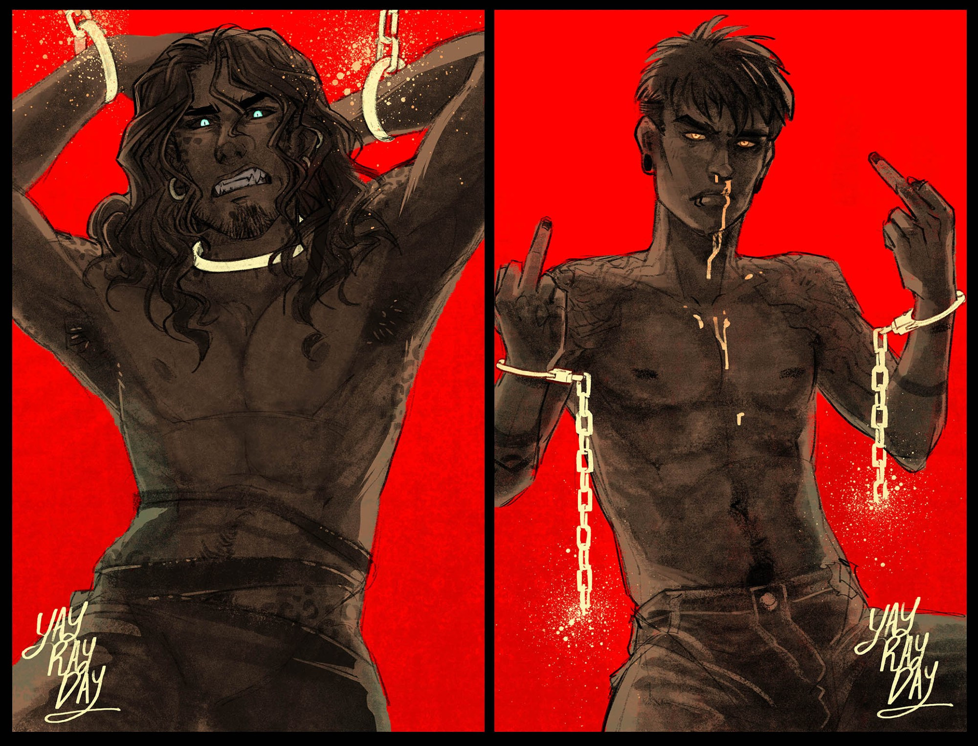 Diptych or two men without shirts, dark rough shaded figs over grey with high contrast red BG and gold highlights on chains and blood.