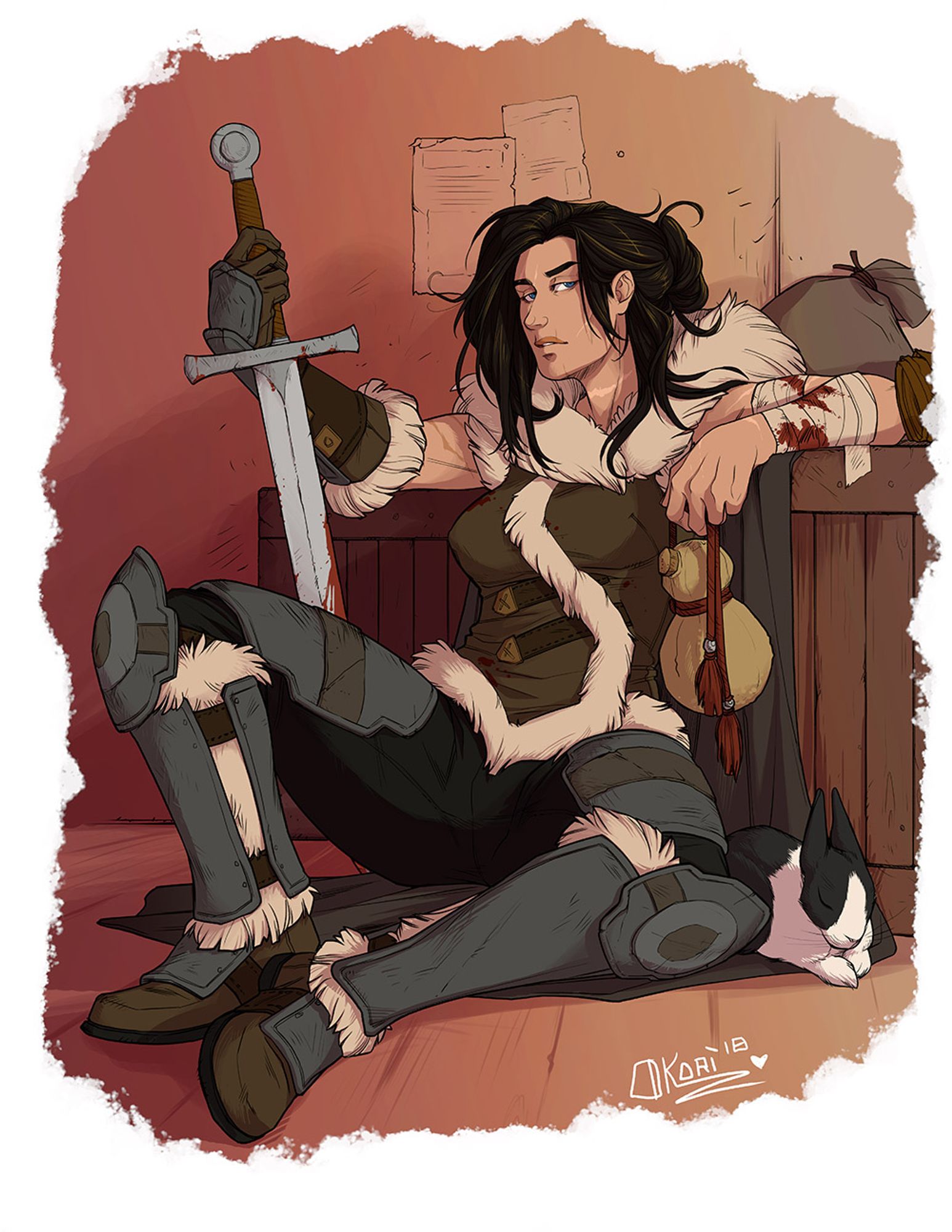 A flat shaded commission of a dark haired barbarian woman in fur and steel plate armour sitting a bit sultry-like on a tavern floor next to some crates. She has a drinking gourd and an adorable pet piebald bunny