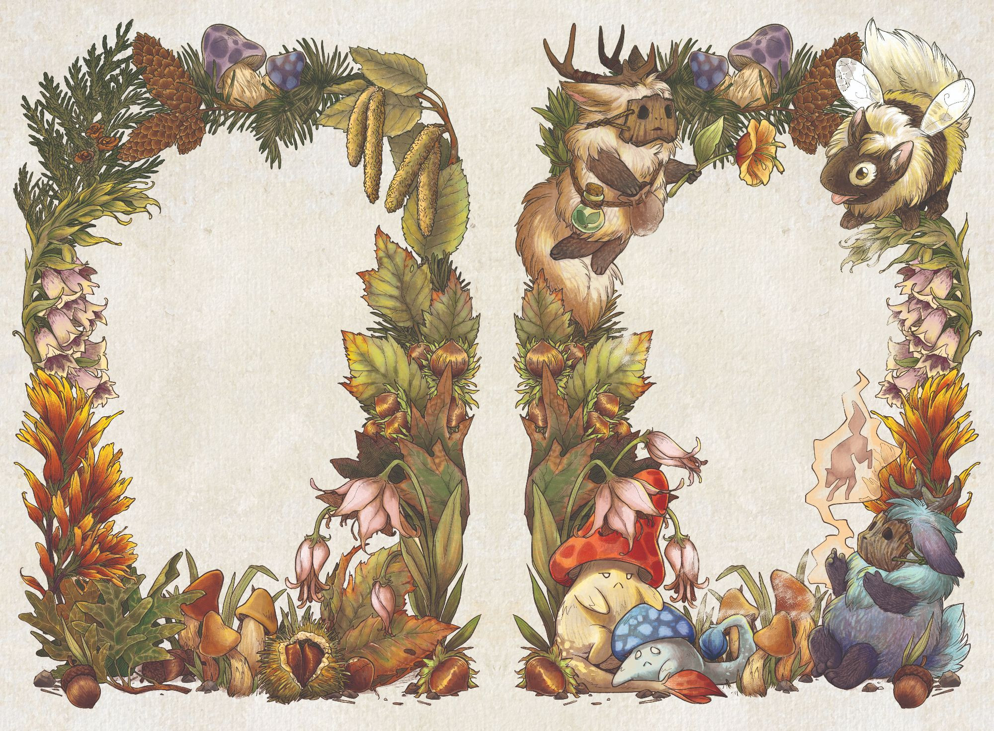 A two page cover spread with a wreath on each side of natural elements spanning leaves, pine needle boughs, pods, flowers and cones, chestnuts, acorns. On the rightside wreath, cute fantasy characters have been added. Two eezoes, a pupbee, and two grumpshrroms. The entire thing is in a watercolour and ink style with natural colours.