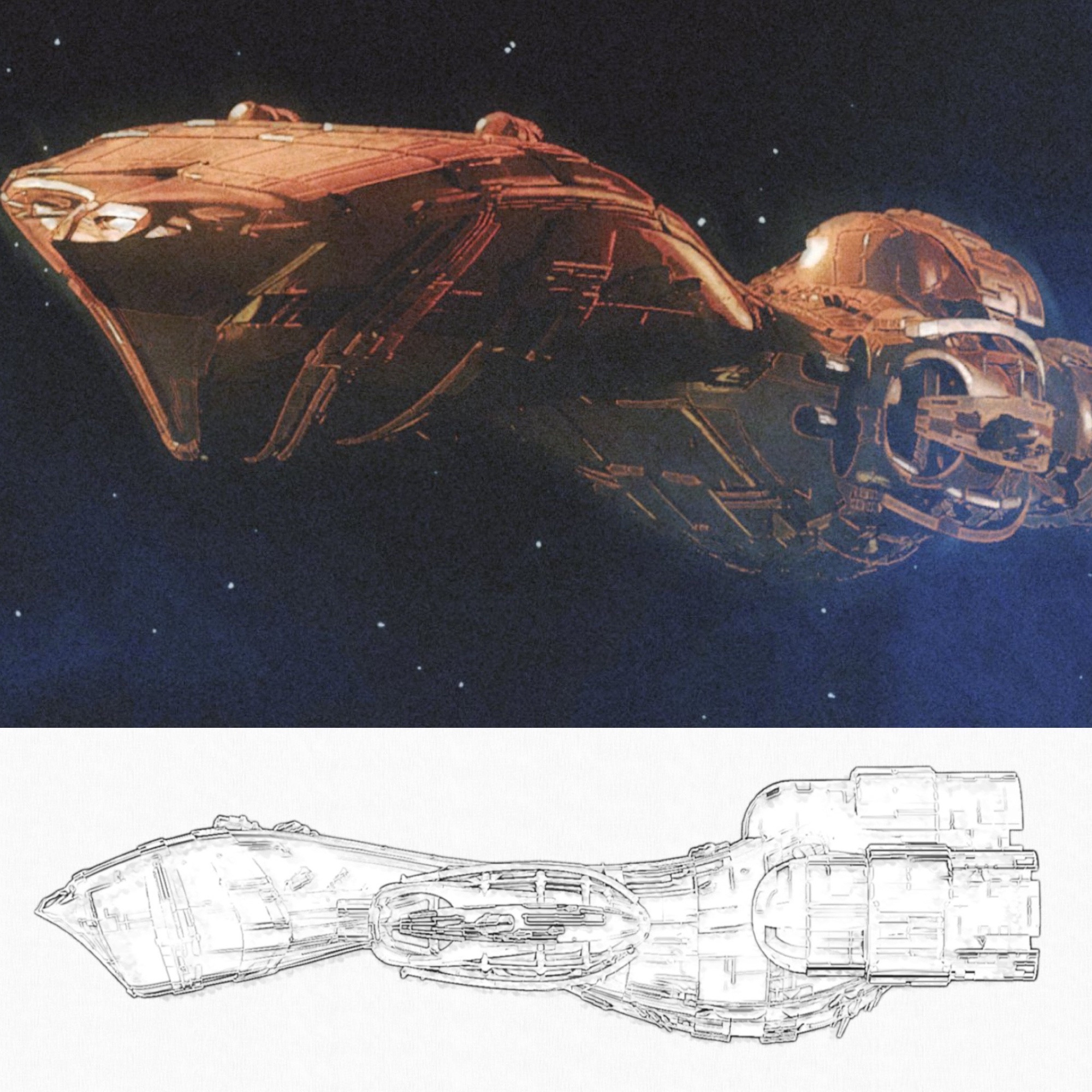 Spaceship in space and sketch version