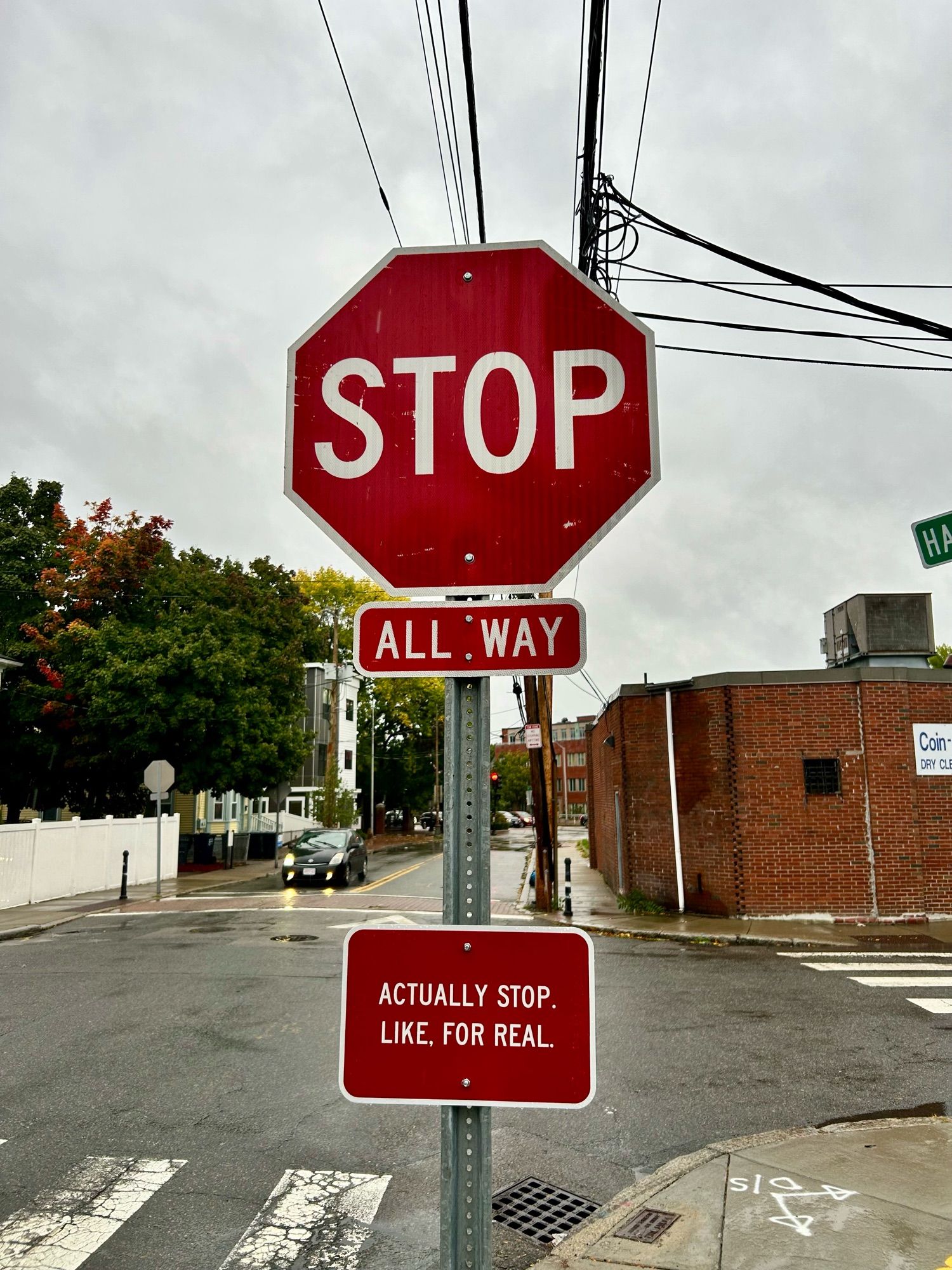 Stop sign with a red sign bolted on the post that reads ACTUALLY STOP. LIKE FOR REAL.