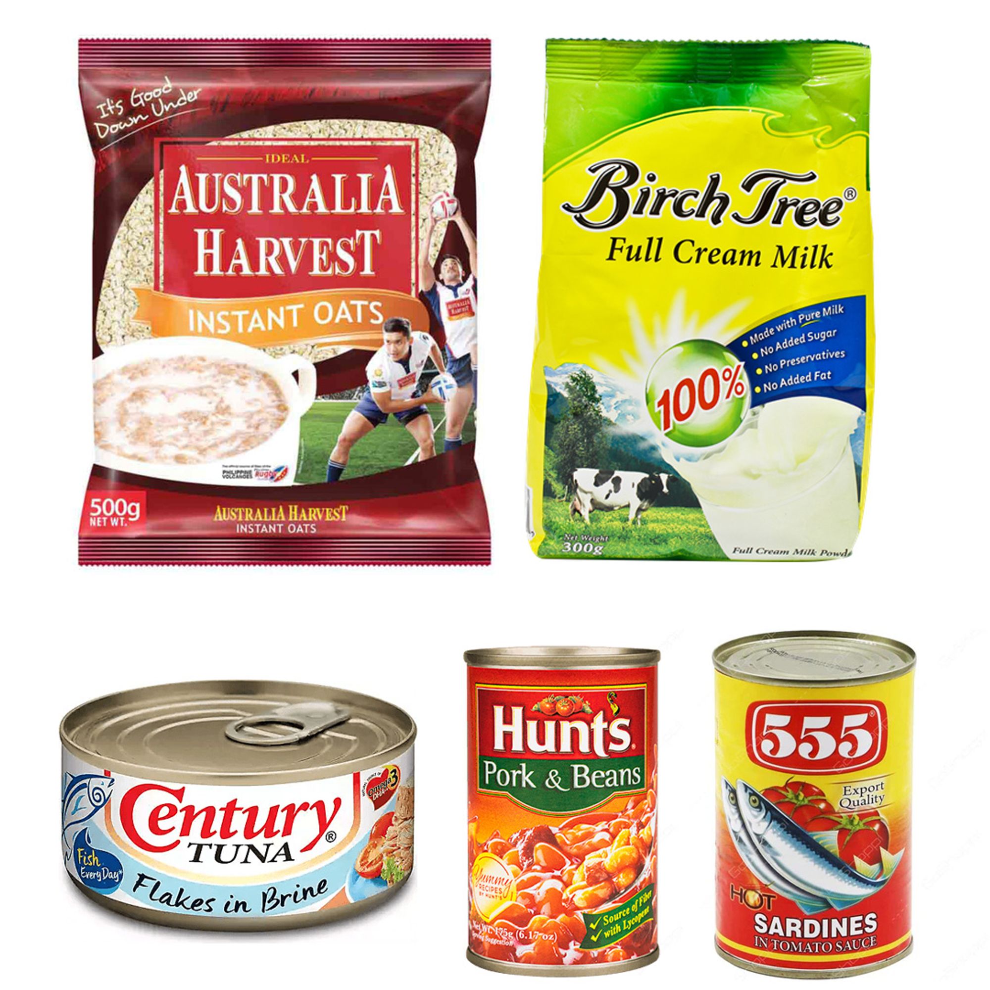 A photo collage showing a bag of Australian Instant oats, Birch Tree brand whole milk powder, Century canned tuna, Hunt's pork and beans and 555 brand sardines.