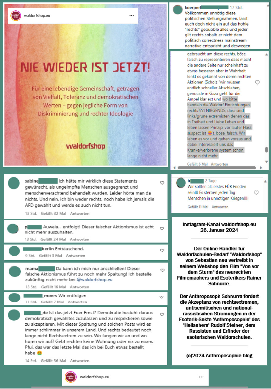 Collage aus dem Instagram-Beitrag von Waldorfshop.eu und 8 Kommentare unter diesem Post, in denen Afd-nahe, anti-linke und pro-russische Texte zu lesen sind. Dazu die Einordnung, dass es sich um einen Online-Händler für Waldorfschulen-Bedarf handelt und einen Film eines neurechten Filmemachers vertreibt. Die Waldorfschule wird als Erfindung des Rassisten und selbsternannten Hellsehers Rudolf Steiner genannt. (c) Anthroposophie.blog 2024