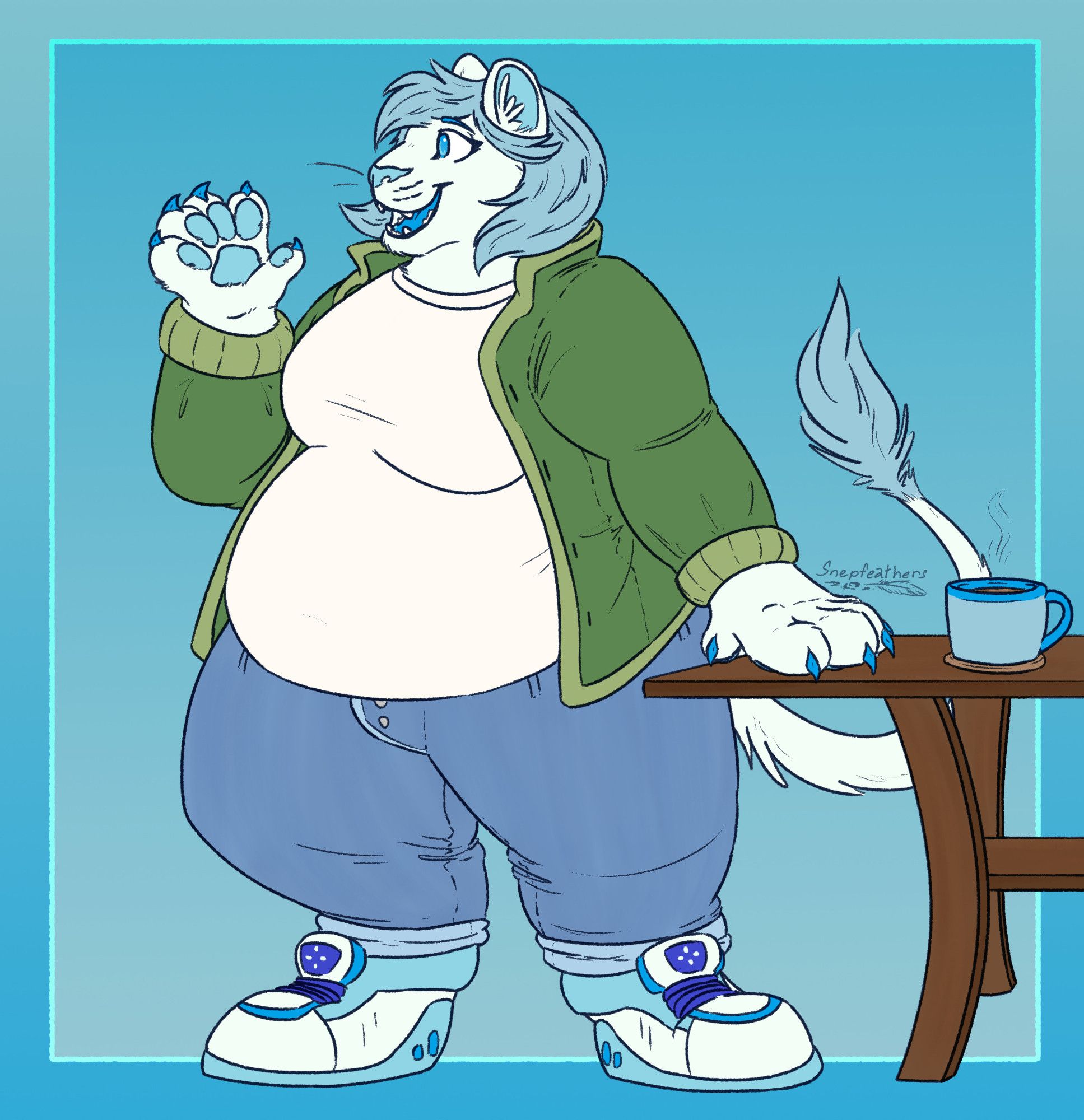 A fat, light blue anthropomorphic lioness with a green jacket, jeans, and sneakers on. She is standing next to a coffee table with a mug on it, and looking to the left as if having a casual conversation.