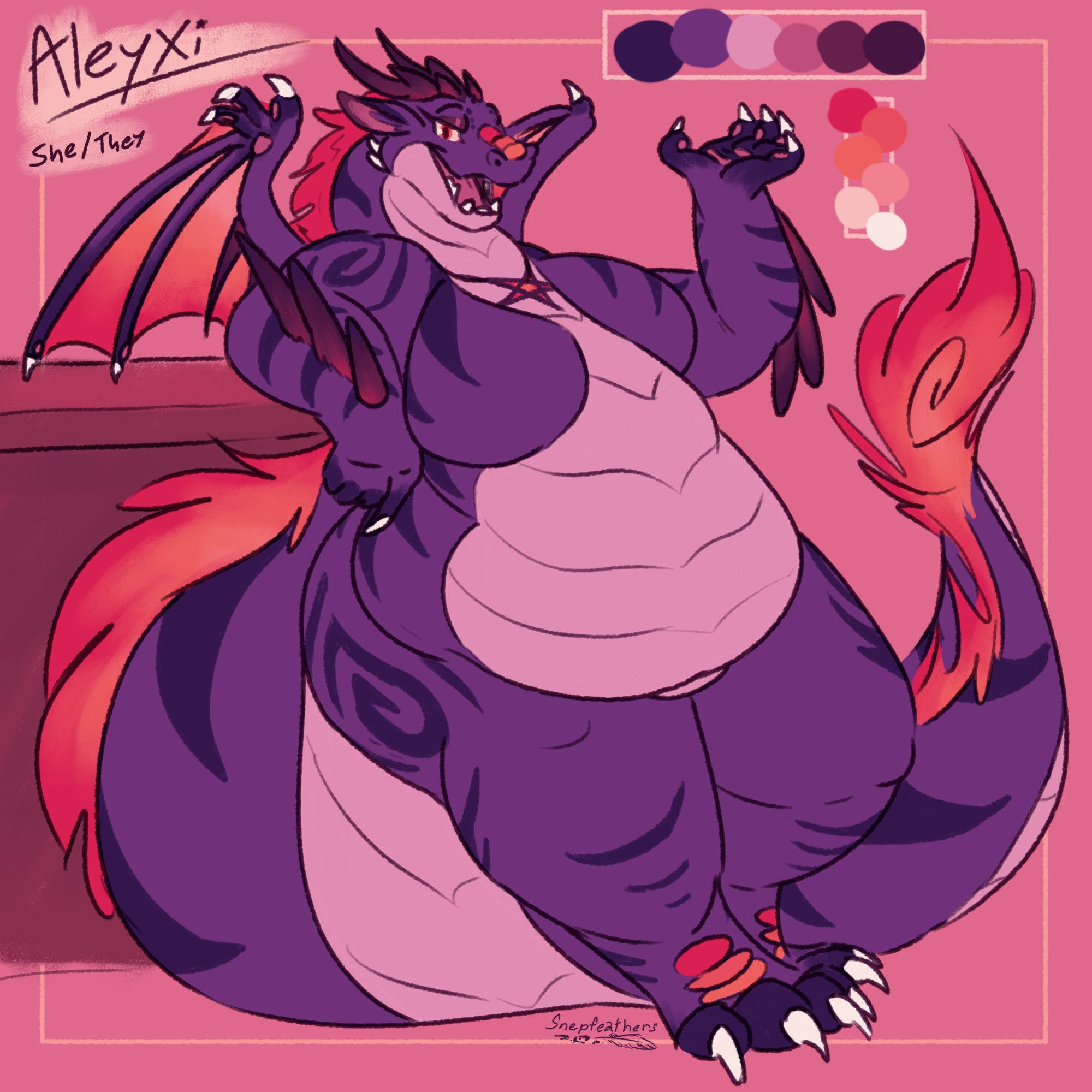 A digital drawing of a fat anthropomorphic dragon. She is leaning casually against a counter, and is purple with a light pink belly and dark purple stripes. She has a red orange mane and small wings with claws. Text in the image reads: "Aleyxi, She/They." Her color palette is shown to the side.