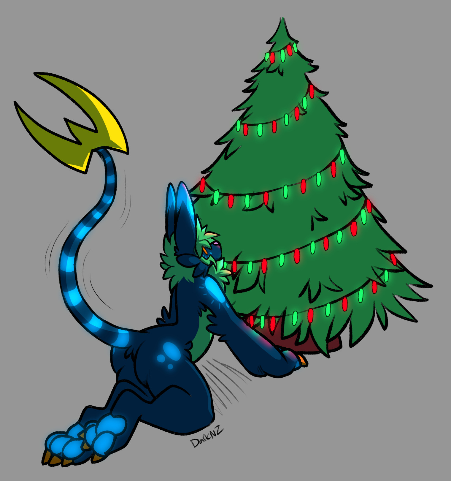 A picture of an anthropomorphic furry creature from the custom species Nemin. He is kneeling in front of a Christmas tree looking longingly at the flashing red and green Christmas lights wrapped around it.

He has large paw-like hands, a thin whip-like tail ending in a large yellow curved W-shaped tip. His main fur color is dark blue with green fur on his belly and as his hair. He has orange eyes and a light pink cat-like nose on a short muzzle. His claws on his hands and feet are orange and he has light-blue glowing markings, a sun-like one on his shoulder, a few circular ones on his hip, his paw-pads, stripes along his tail and the tips of his long and tall pointed ears.