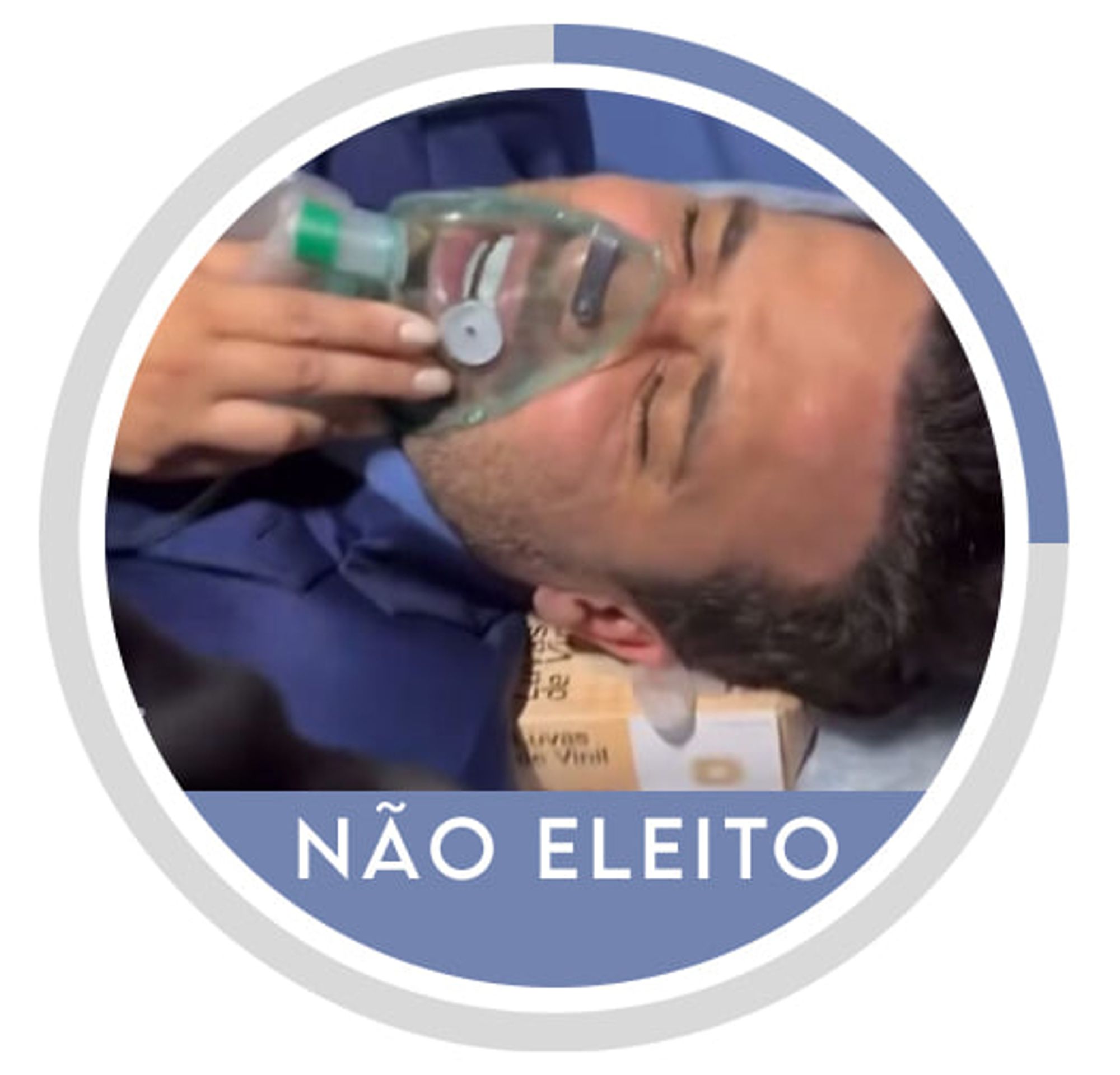 Imagem mostrando Pablo Marçal deitado, aparentando estar em uma ambulância, usando uma máscara de oxigênio e com expressão de dor. Ele veste um terno azul escuro. Ao redor da foto, há um círculo contornado por bordas cinza e azul claro. Abaixo da imagem, dentro do círculo, está escrito "Não Eleito" em letras brancas, indicando o resultado de sua candidatura.