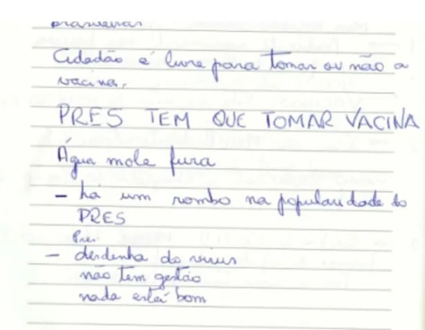 Bilhete escrito a mão pelo Heleno:

Cidadão é livre para tomar ou não a vacina.

PRES TEM QUE TOMAR VACINA

Água mole fura

- Há um rombo na popularidade do PRES

Pres

- Desdenha do vírus
Não tem gestão
Nada está bom