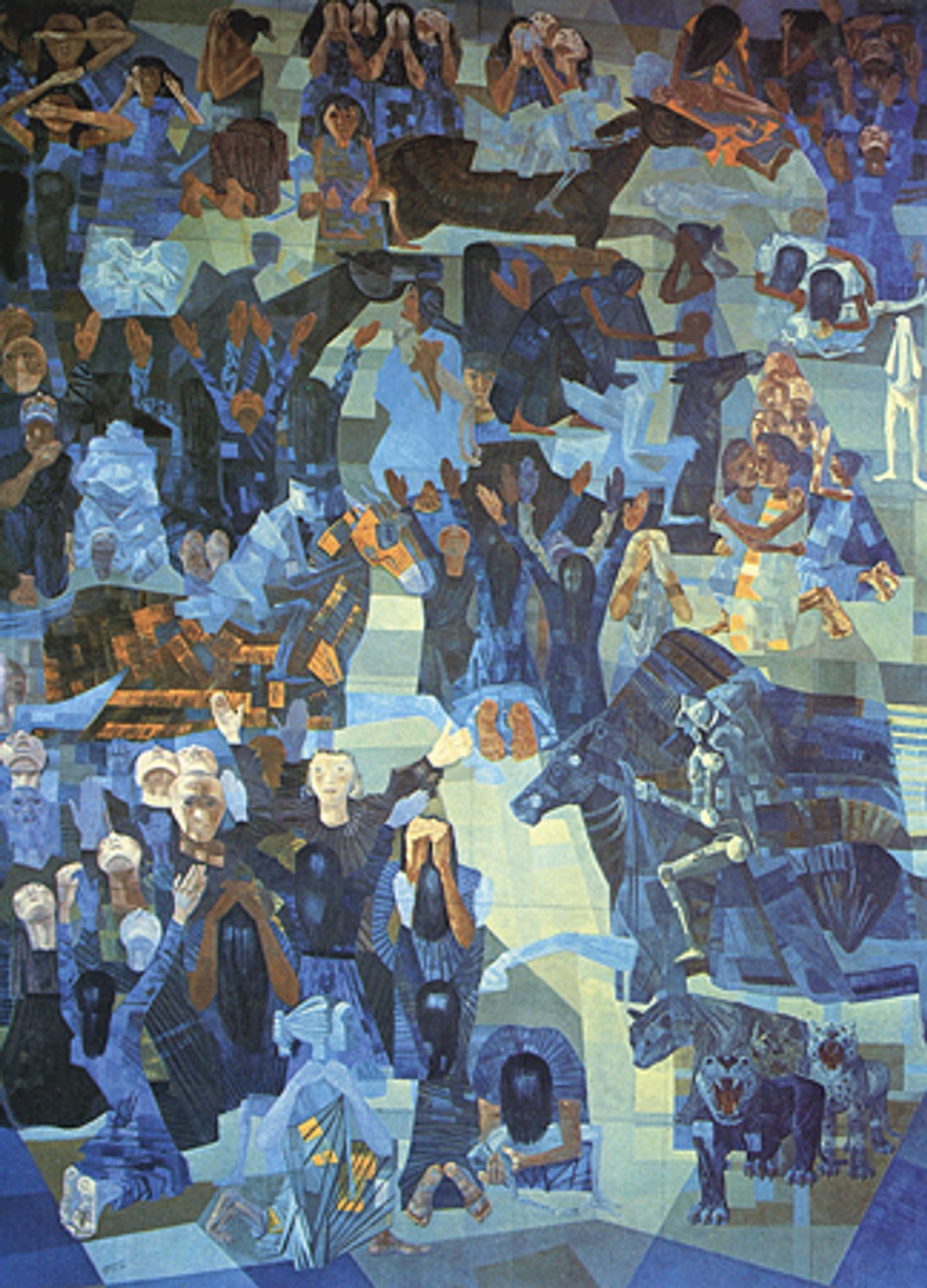 A obra "Guerra", de Cândido Portinari, é um mural em tons predominantemente escuros de azul e cinza, retratando cenas caóticas e dramáticas de conflito. Figuras humanas aparecem distorcidas, em posições de sofrimento e desespero, com gestos que expressam angústia. Há cavalos e guerreiros entre as figuras, além de seres híbridos e monstruosos. A composição é densa, com uma sobreposição de imagens e personagens que transmite o horror e a destruição causados pela guerra.