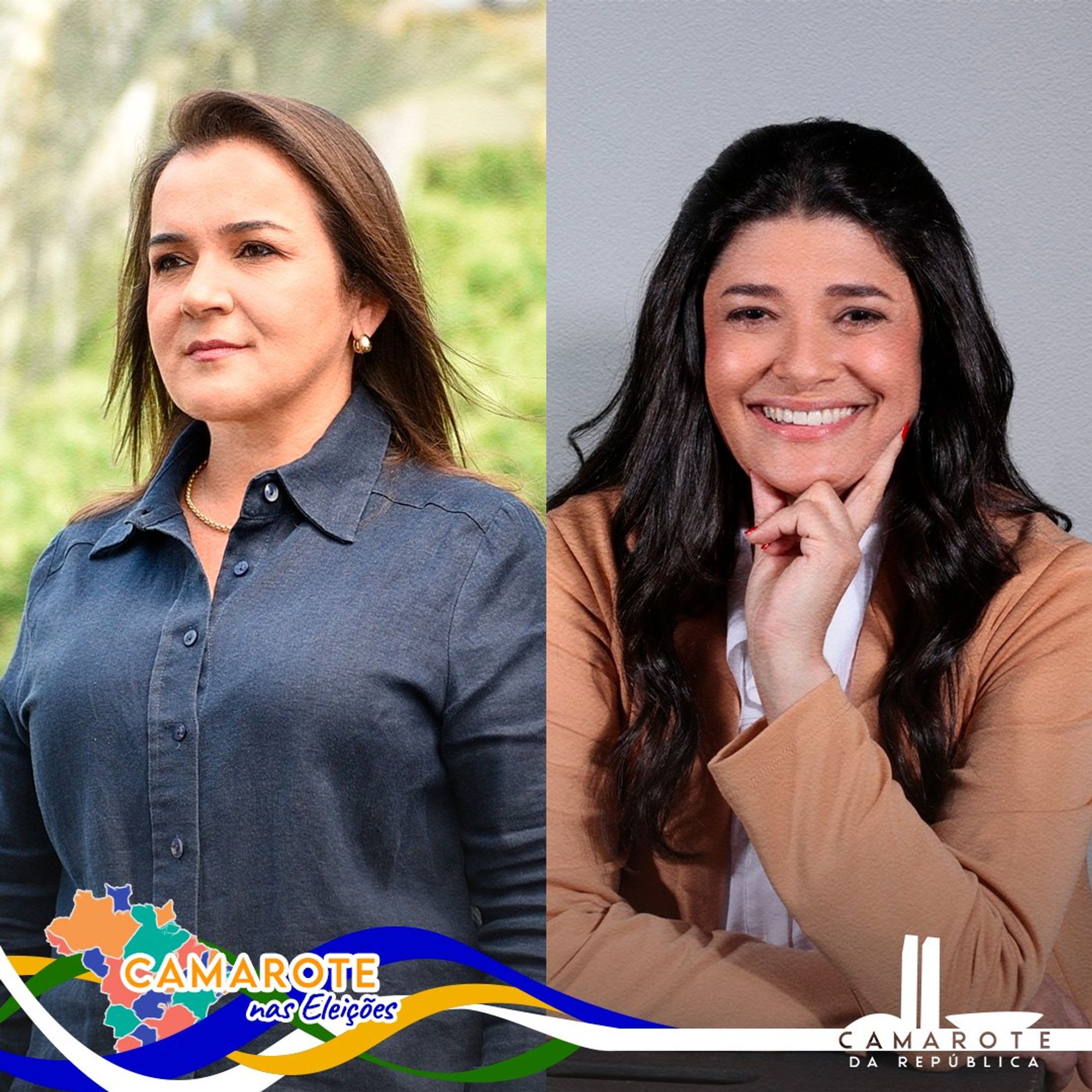 Montagem com duas imagens lado a lado de Adriane Lopes e Rose Modesto, ambas candidatas em eleições. À esquerda, Adriane Lopes aparece com expressão séria, vestindo uma camisa azul escura e um colar dourado, com um fundo desfocado de natureza. À direita, Rose Modesto está sorrindo, apoiando o queixo na mão, vestindo um blazer bege e camisa branca, com um fundo neutro. No canto inferior esquerdo da montagem, está o logo colorido do "Camarote nas Eleições", enquanto no canto inferior direito aparece o logo do "Camarote da República".