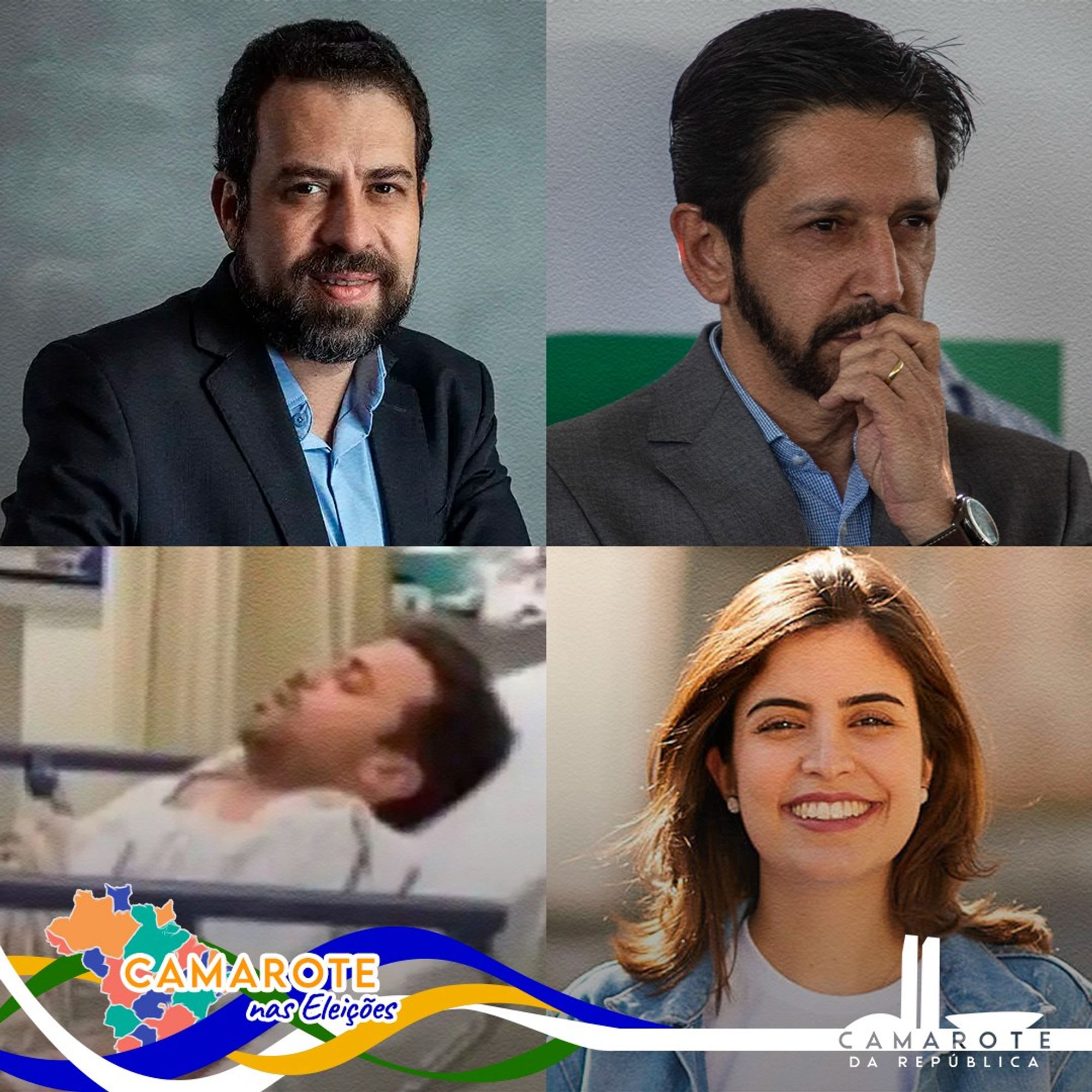 Montagem com quatro fotos. No topo à esquerda, Guilherme Boulos, de terno escuro e camisa azul clara, com expressão leve e fundo neutro. No topo à direita, Ricardo Nunes, com terno cinza e camisa azul, em pose pensativa, com a mão no queixo e fundo desfocado. Na parte inferior esquerda, Pablo Marçal aparece deitado em uma cama de hospital, com os olhos fechados, vestindo uma roupa hospitalar. Na parte inferior direita, Tabata Amaral sorri para a câmera, com cabelo castanho solto, vestindo jaqueta jeans e camiseta branca. Os logotipos "Camarote nas Eleições" e "Camarote da República" estão nos cantos inferiores esquerdo e direito, respectivamente.