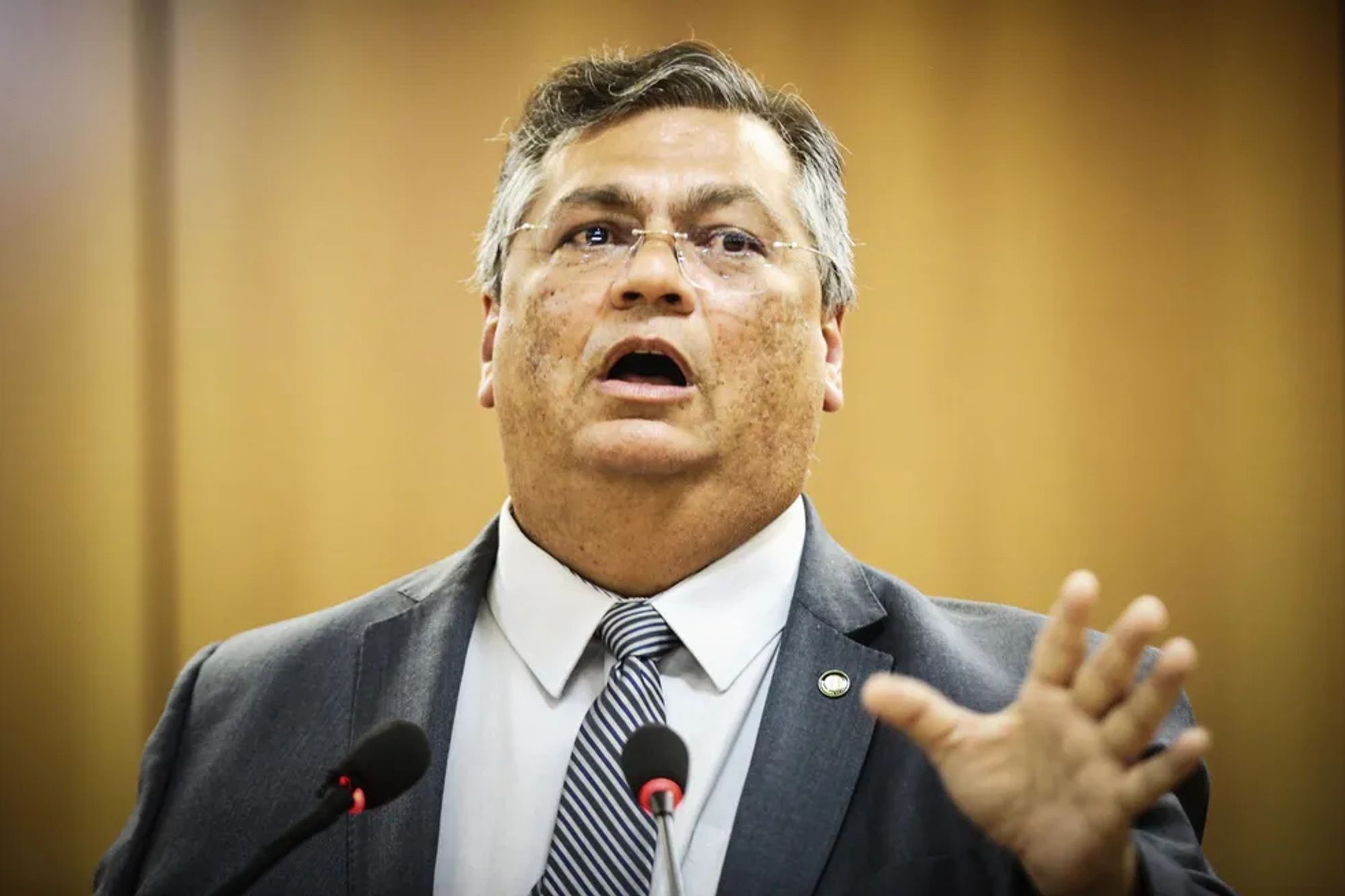 A imagem mostra o ministro Flávio Dino em um momento de fala pública. Ele está de terno e gravata, gesticulando com uma das mãos enquanto fala ao microfone, com uma expressão séria e enfática. Seu olhar está direcionado para frente, e a boca ligeiramente aberta, sugerindo que está no meio de uma declaração importante. O fundo é neutro, com foco total no ministro.