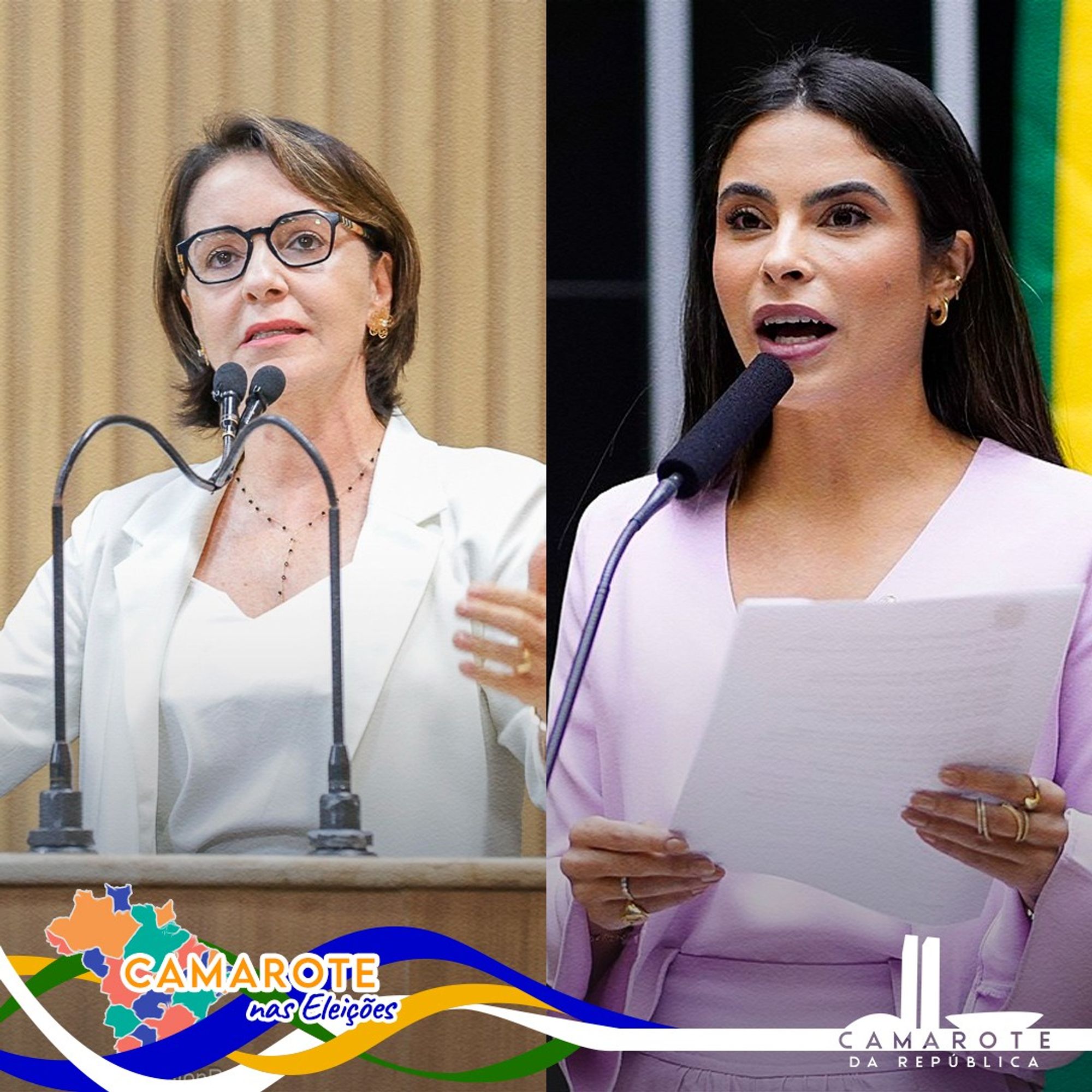 Montagem com duas imagens lado a lado de Emília Corrêa e Yandra Moura, ambas falando ao microfone em contextos formais. À esquerda, Emília Corrêa está usando um blazer branco e óculos de armação escura, gesticulando com as mãos enquanto fala. O fundo da imagem é composto por uma parede com textura clara. À direita, Yandra Moura também está discursando, segurando um papel. Ela veste uma roupa lilás clara e tem os cabelos longos e soltos. Ao fundo, há uma bandeira do Brasil parcialmente visível. No canto inferior esquerdo, está o logo colorido do "Camarote nas Eleições", e no canto inferior direito, o logo do "Camarote da República".