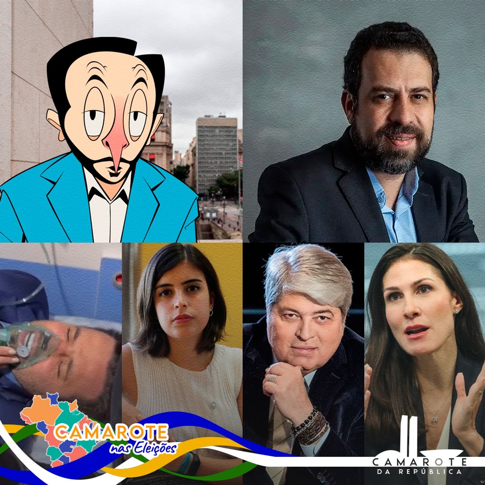 Montagem com seis imagens distintas de figuras públicas brasileiras. No canto superior esquerdo, há um cartoon de Ricardo Nunes, prefeito de São Paulo, retratado como "O Amigo da Onça", usando um terno azul, com traços caricaturais, feito por Cris Vector. Ao lado, Guilherme Boulos, candidato à prefeitura de São Paulo, aparece em uma foto formal, usando terno escuro e camisa azul clara, com barba cheia.

Na linha inferior, à esquerda, há uma imagem de Marçal, fingindo estar morrendo, deitado e com uma máscara de oxigênio. Ao lado, Tabata Amaral aparece em uma foto séria, vestindo uma blusa branca. Seguindo para a direita, Datena está com uma expressão pensativa, apoiando o queixo na mão, vestindo um terno escuro. Por fim, Marina Helena, em uma foto expressiva, gesticula com as mãos enquanto fala, vestida formalmente.

No canto inferior esquerdo está o logo colorido do "Camarote nas Eleições", e no canto inferior direito, o logo do "Camarote da República".