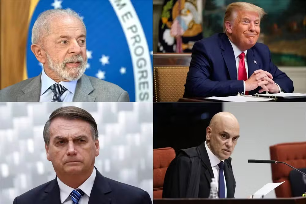 Lula, Donald Trump, Jair Bolsonaro e Alexandre de Moraes são os principais atores políticos da notícias de julho. — Foto: Evaristo Sa/AFP//Antonio Augusto/STF//Adriano Machado/Reuters//Patrick Semansky/AP. Montagem do G1