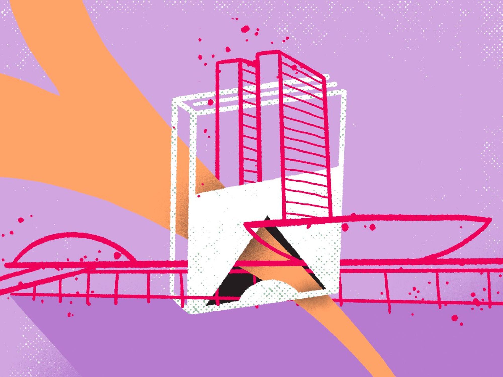 Ilustração estilizada do edifício do Congresso Nacional, em Brasília, interseccionado com a Constituição. As duas torres características do Congresso aparecem em rosa, com linhas simples e angulares, enquanto a cúpula e a rampa, também estilizadas, estão em tons de rosa e laranja. O fundo da imagem é composto por uma paleta de roxo e laranja, com um padrão pontilhado e formas abstratas. A arte tem um aspecto moderno e geométrico, com linhas e cores vivas, destacando as formas arquitetônicas icônicas da construção.