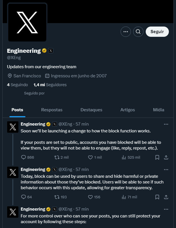Captura de tela da página do perfil do X (antigo Twitter) chamado "Engineering" (@XEng), que publica atualizações da equipe de engenharia. O perfil está localizado em San Francisco e foi criado em junho de 2007. Ele tem 1,4 milhão de seguidores e segue 4 contas. A captura exibe três postagens publicadas há 57 minutos.

A primeira postagem menciona uma futura mudança na função de bloqueio, permitindo que contas bloqueadas visualizem publicações públicas, mas sem a possibilidade de interação (curtir, responder, repostar, etc.). A segunda postagem explica que o bloqueio pode ser usado para compartilhar ou ocultar informações prejudiciais de contas bloqueadas, com mais transparência. A terceira postagem fala sobre como proteger suas publicações com algumas etapas.