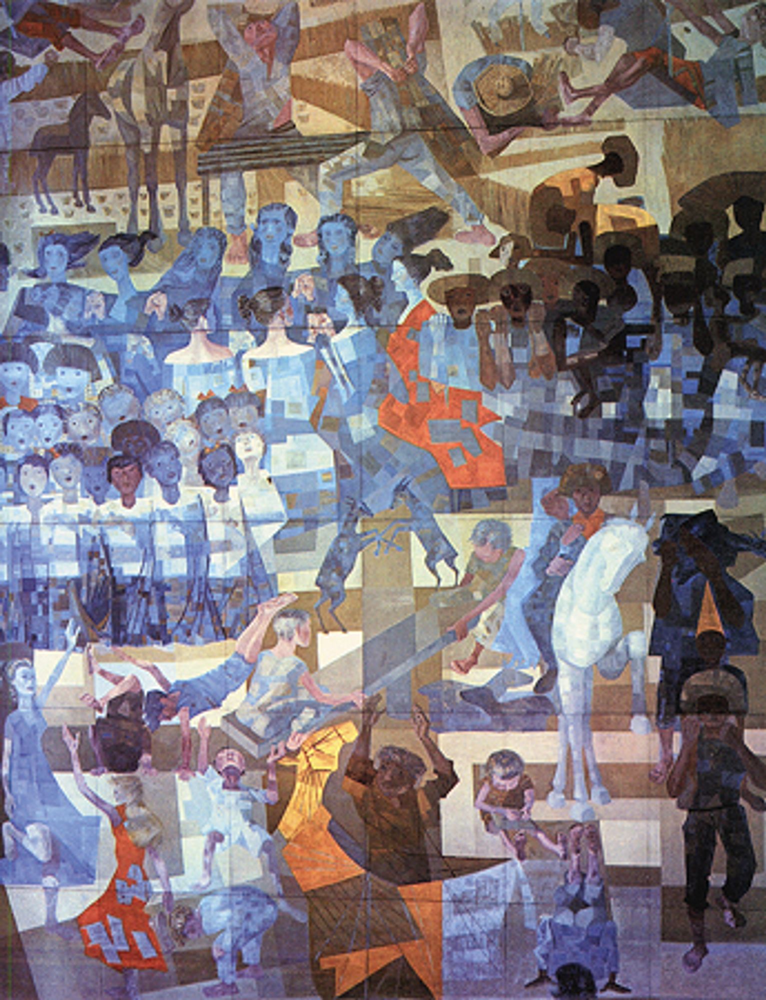 O painel "Paz", também de Cândido Portinari, apresenta uma atmosfera mais clara e organizada, em contraste com o painel "Guerra". Com tons mais suaves e diversas figuras humanas, a obra retrata cenas de união e harmonia. Pessoas de diferentes raças e idades estão lado a lado, simbolizando a fraternidade e a solidariedade. Algumas figuras estão em posturas de trabalho, outras em momentos de celebração, representando a esperança e a reconstrução após o caos. A composição transmite uma sensação de equilíbrio e serenidade.