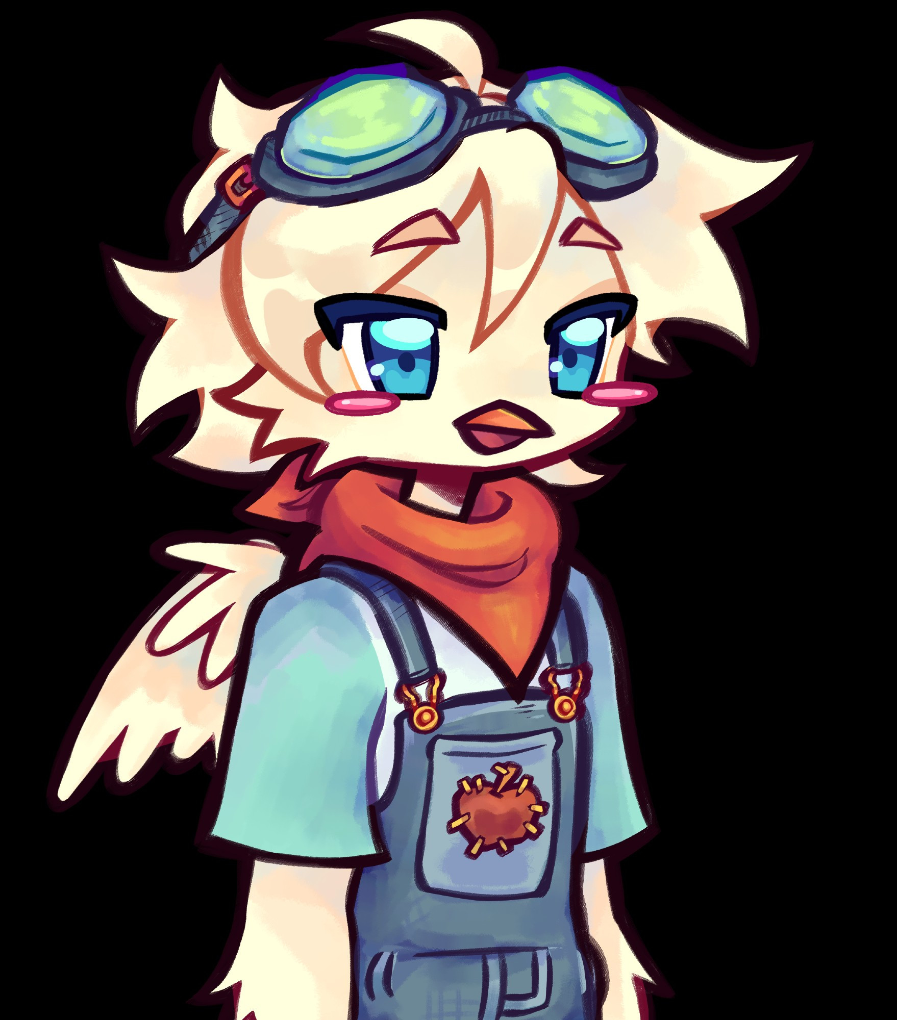 humanoid chicken vtuber
he is a pale cream colour with a blue tshirt, jean overalls with a little apple motif on the chest, a red bandana and goggles on his head
he has blue eyes and is blushing and his beak is open, imitating a smile