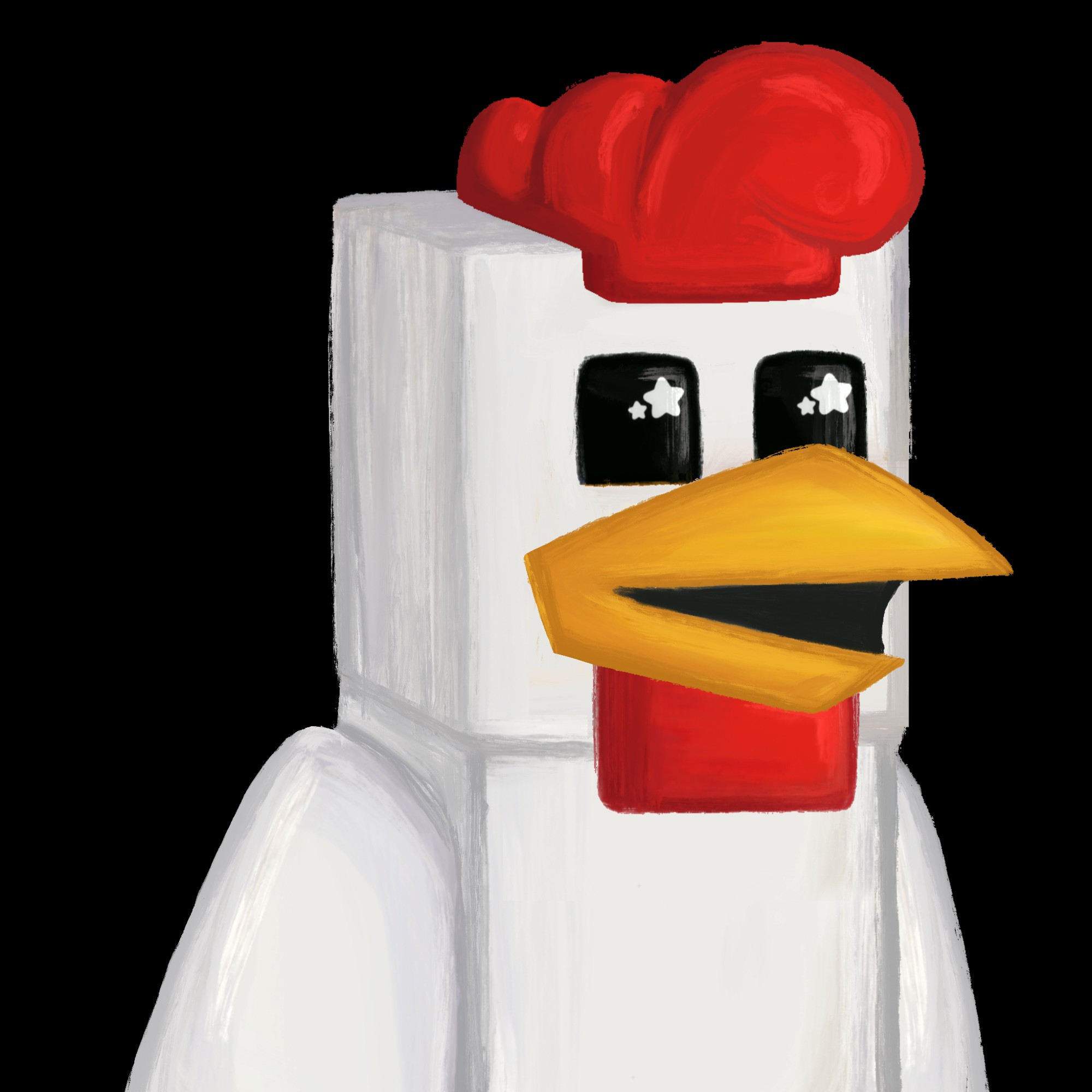 chicken vtuber, based off a minecraft chicken
he is white, with a yellow beak and a red comb and wattles
he has black eyes with shines that are shaped like stars
he has his beak open which is imitating a smile