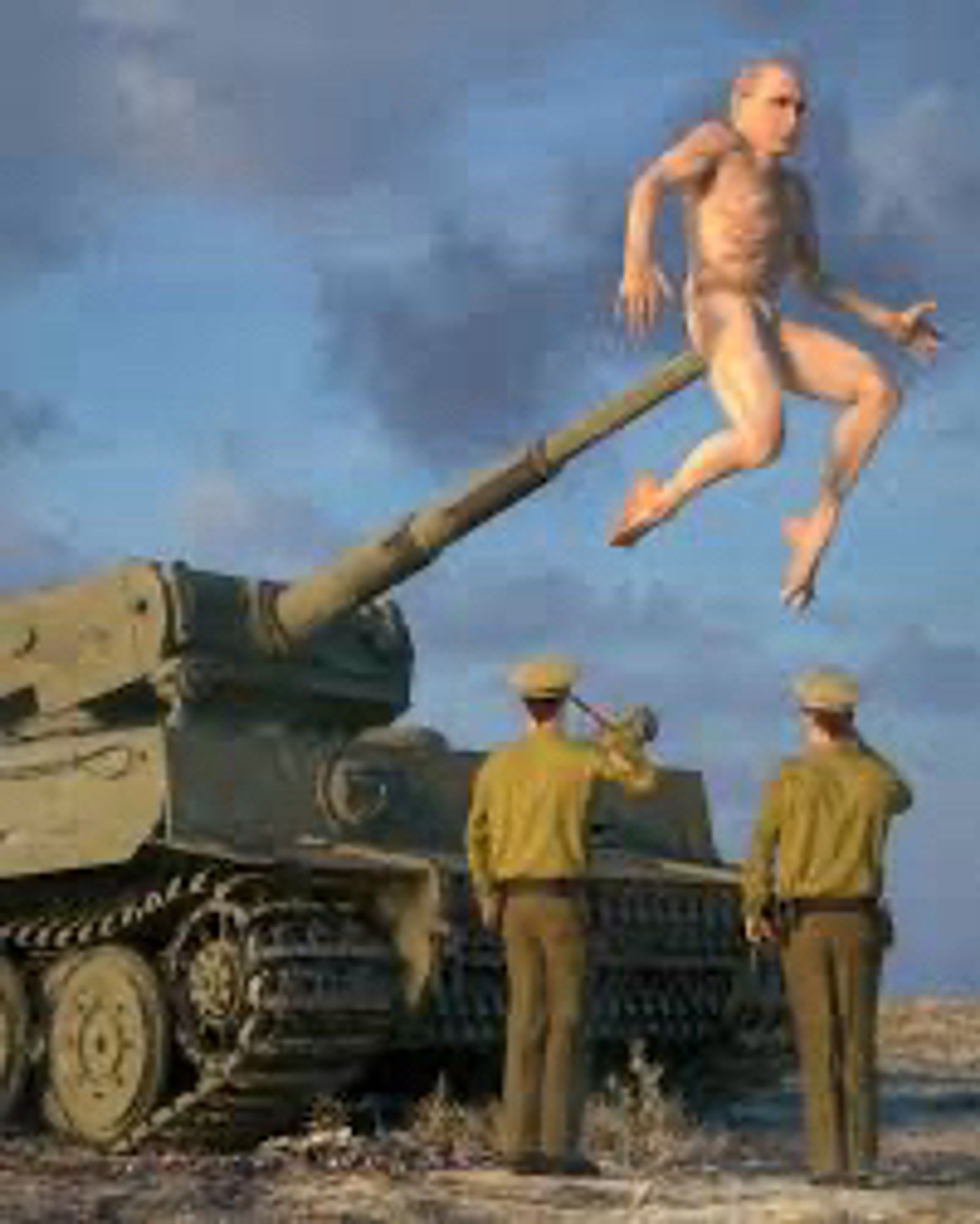 Vladimir “Putini” riding a broke ass Russian tank with the barrel up is ass while soldiers solute