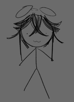 A sketch made by my friend ame katze, for my vtuber persona. A ridiculous creature (it's just a stick figure with a big head and some bangs)