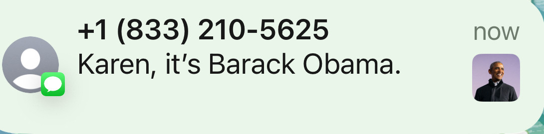 Text message notification from +1 (833) 210-5625 reading “Karen, it’s Barack Obama” with a thumbnail image of former President Obama