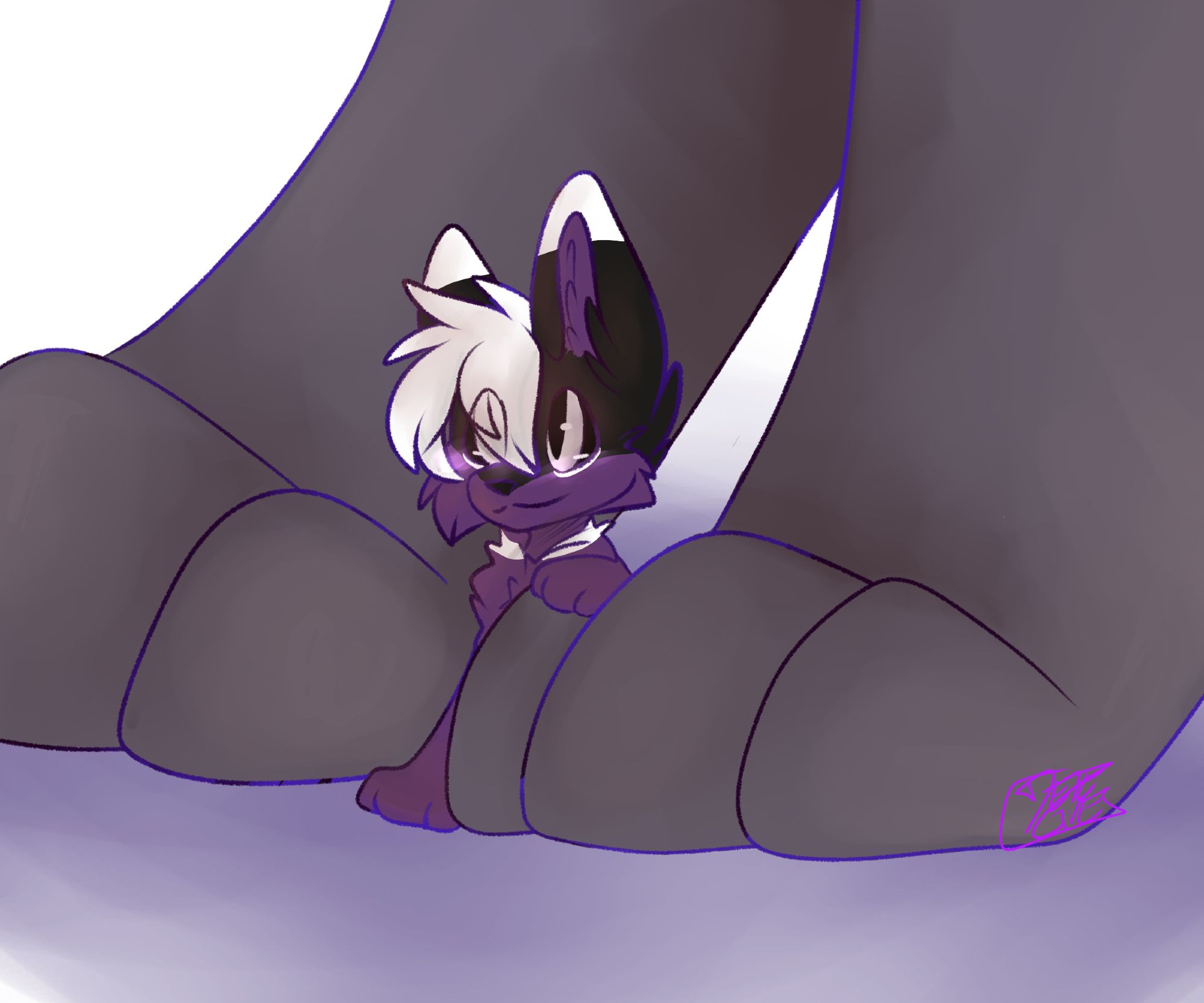 A micro anthropomorphic fox is hiding between two much larger paws. The small purple and black fox has a happy expression on his face and a smal glow on his cheeks, presumably a soft blush.
The fox is resting a paw on one of the larger creatures paws. He clearly likes being there and his white eyes are glowing happily.