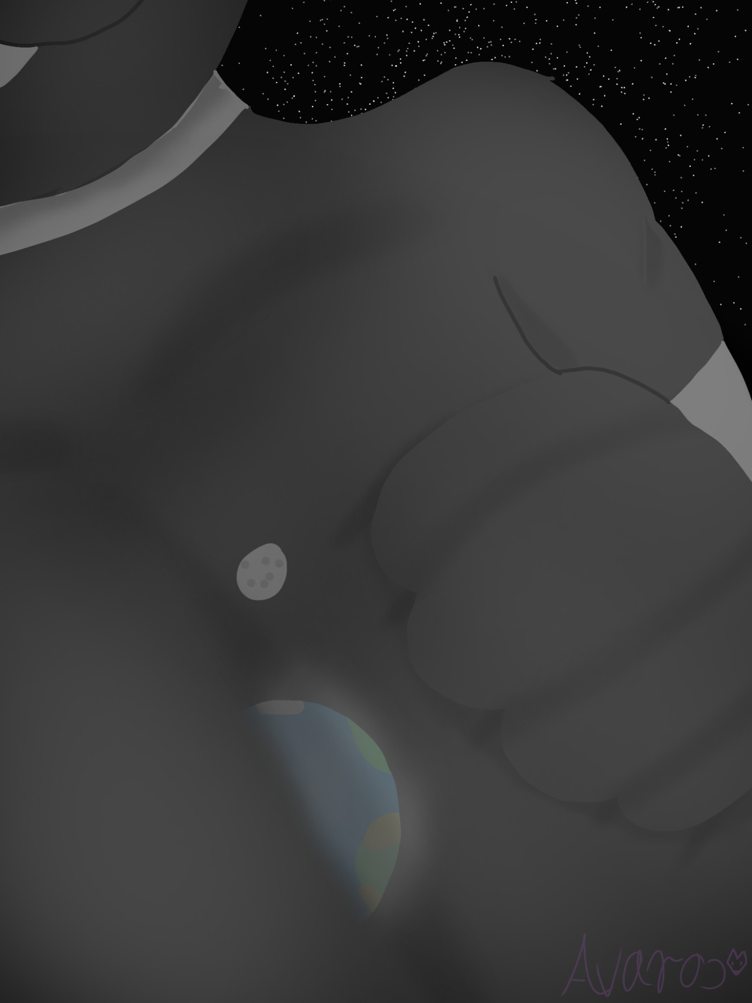 Drawing of a macro bunny(Ana), giving a gentle squeeze to her breast from the side. In her cleavege is a small planet with its moon, tucked between her breasts