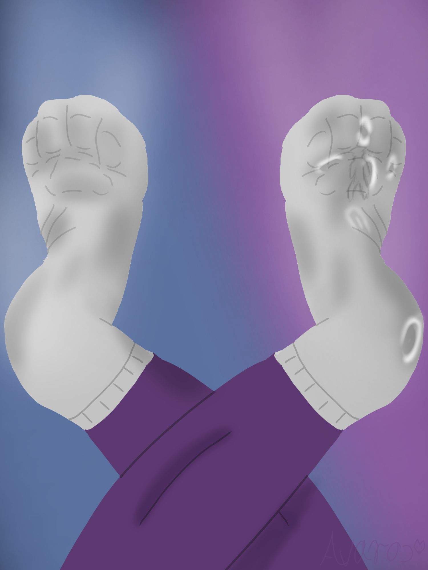 Drawing of two sweaty socked paws, with one of them having micro inside