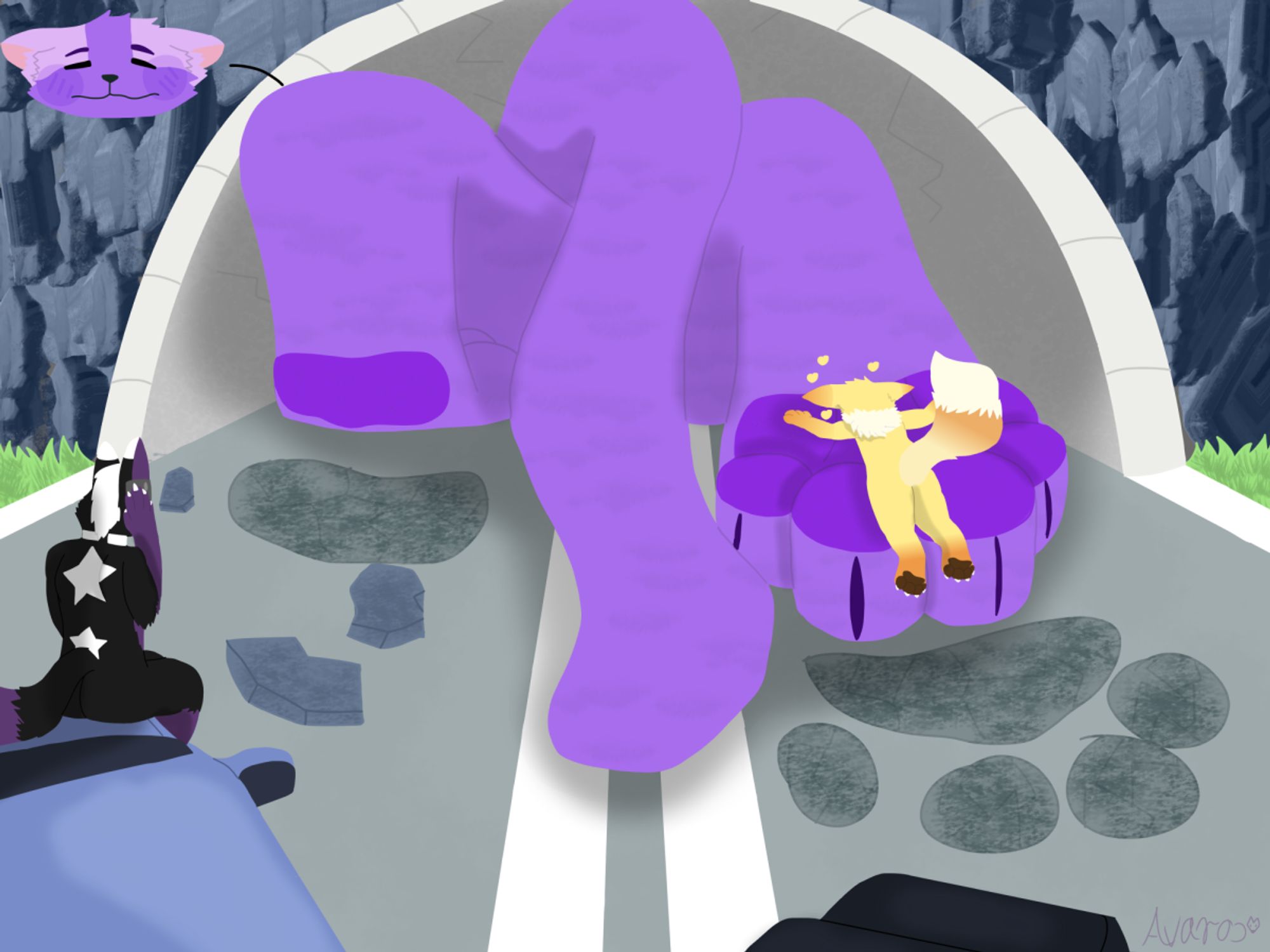 Drawing of macro cat(Mayor) stuck in a tunnel with his paws and tail sticking out on the end of the tunnel. In front of the tunnel are 2 cars, on one of them a black and purple fox with white hair and stars on his back (Avaros) is calling someone on the phone while sitting on a hood of the car. In front of the paws are craters in a road made by them, and loose rocks that have fallen. One of the paws is deeper in the tunnel, the other one is lying with beans facing up. On the second paw a joltvee(Smoosh/Giga) is lying face down on the beans, with yellow hearts around their head