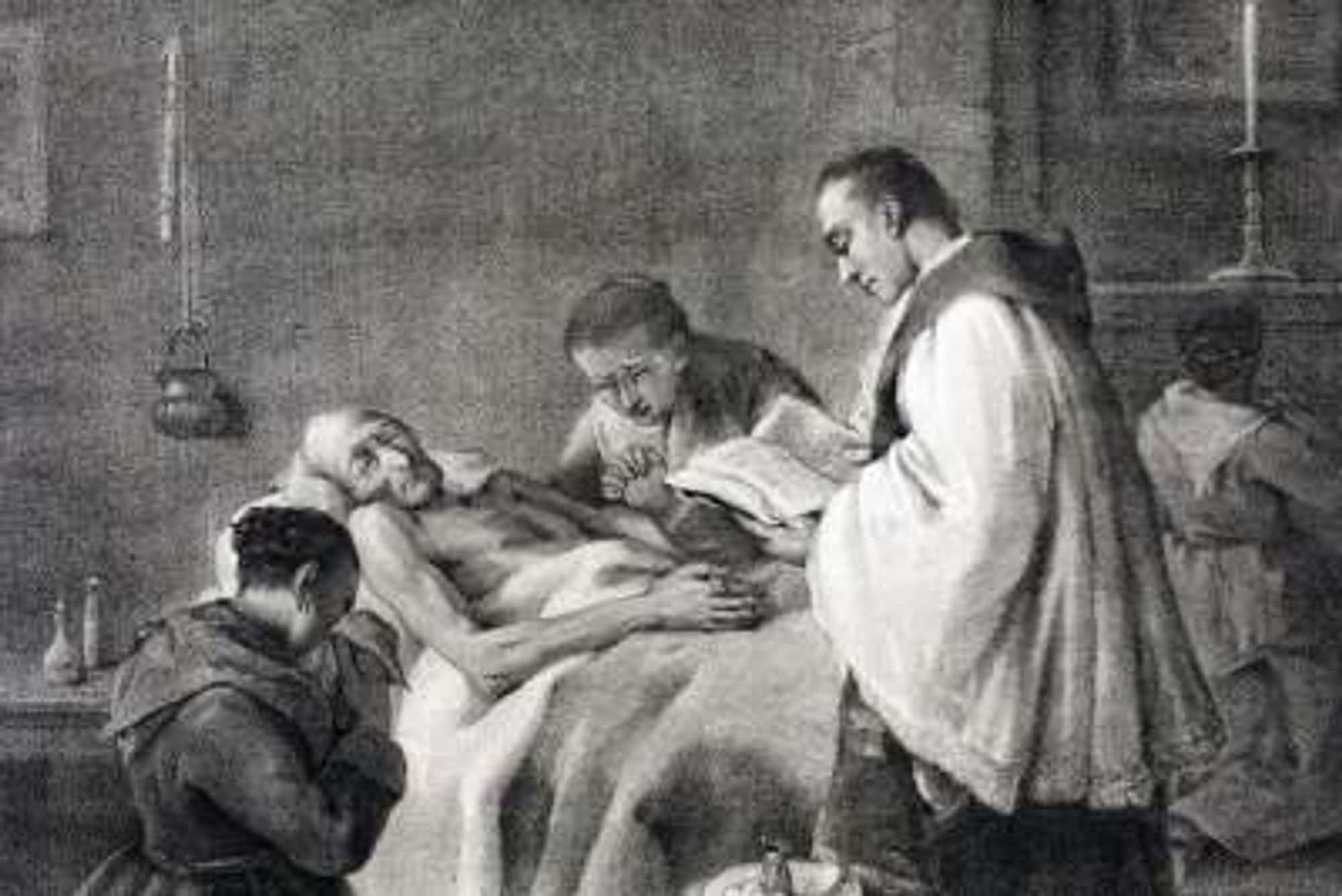 Old black and white painting of a priest blessing a corpse