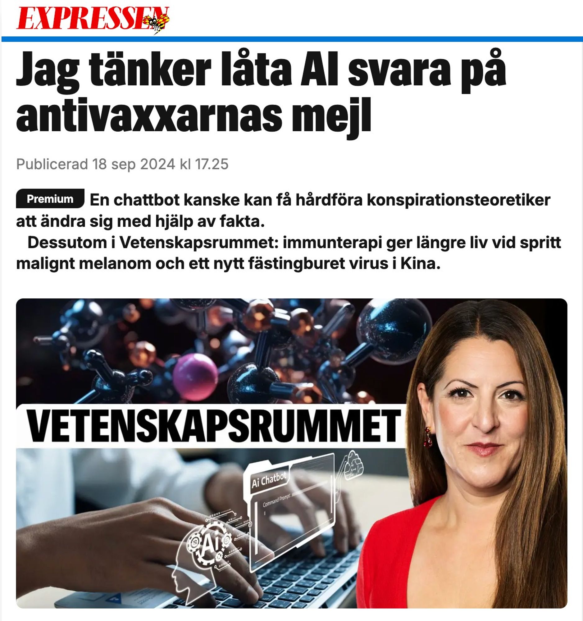 Skärmdump av Vetenskapsrummet, från Expressen. Artikeln handlar om en chattbot för konspirationsteoretiker bland annat.