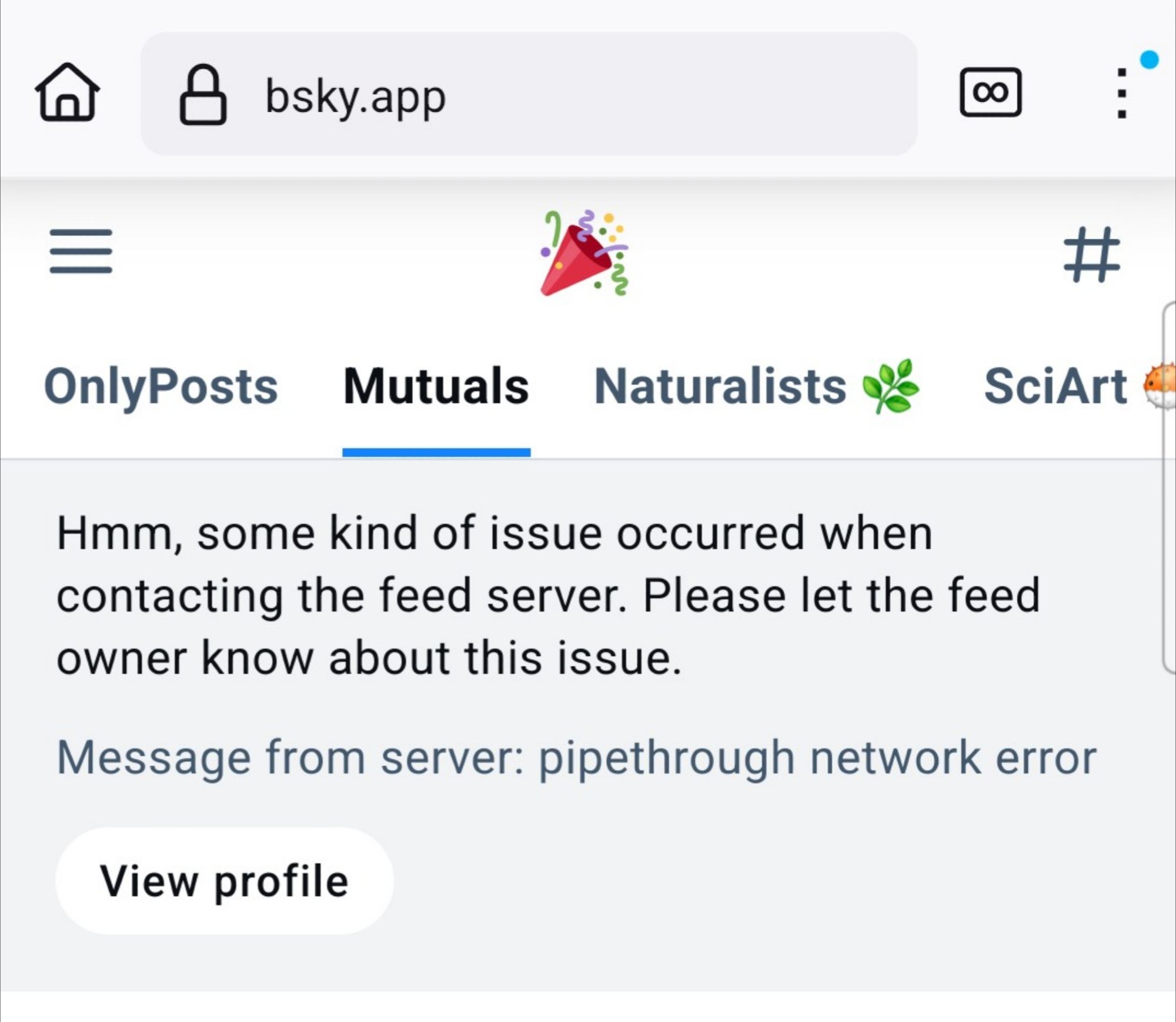 Error message beneath the Mutuals feed.