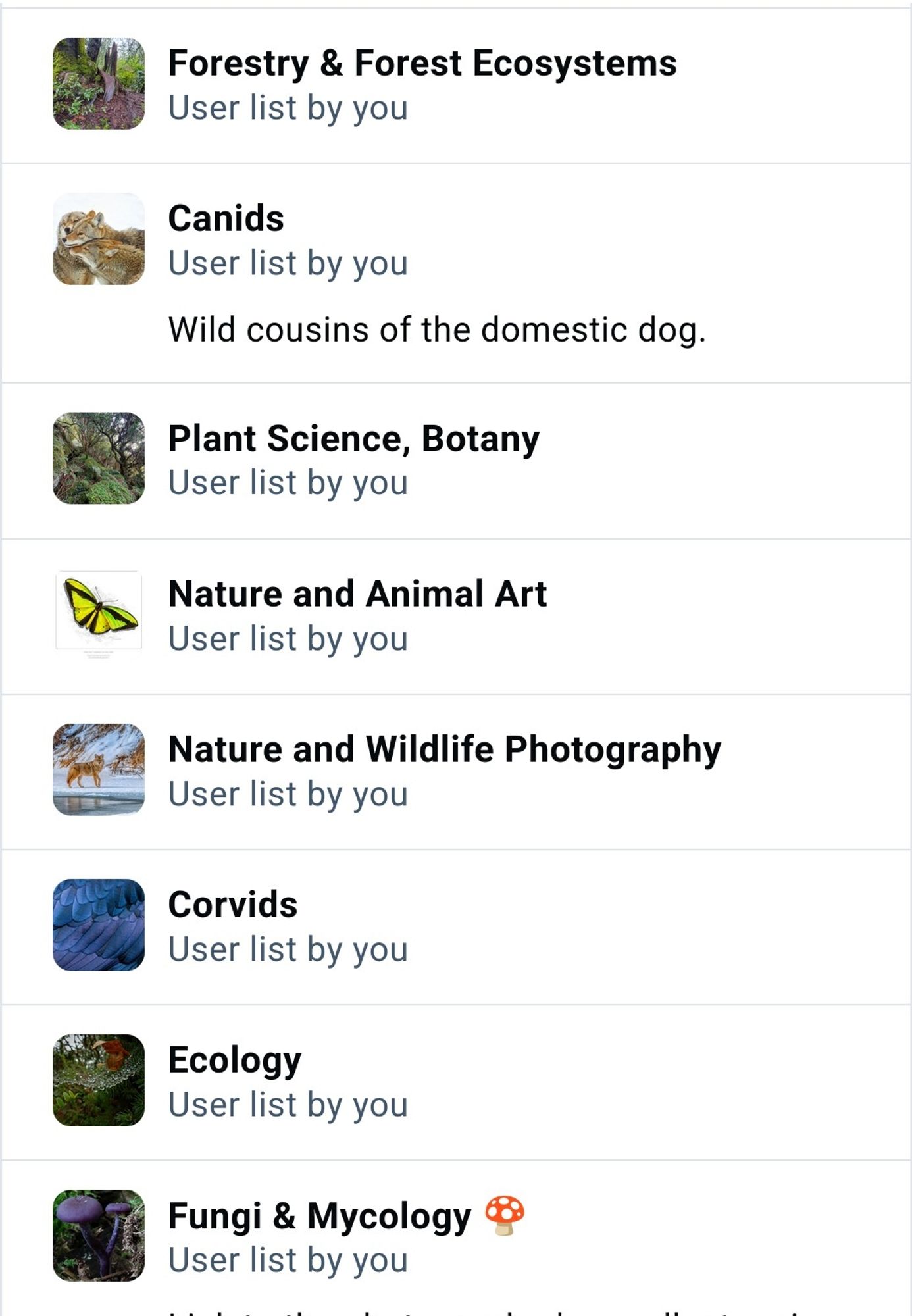 Screenshot of my lists:

Forestry & Forest Ecosystems 
Canids 
Plant Science, Botany 
Nature and Animal Art 
Nature and Wildlife Photography 
Corvids 
Ecology 
Fungi & Mycology