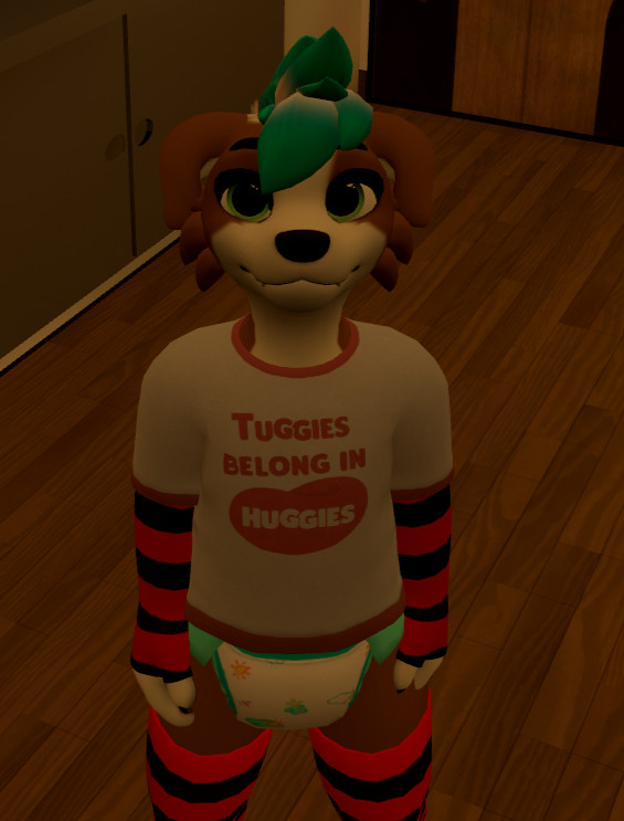 A furry avatar border collie with green hair and a white shirt that says "Tuggies belong in Huggies" with the logo in place of "Huggies"