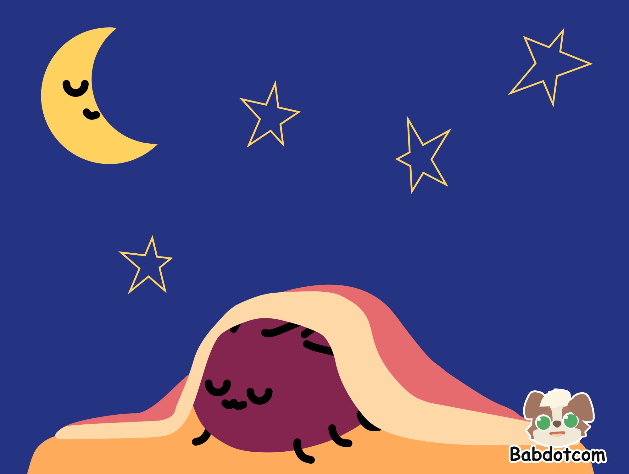 Eggbug, mascot of Cohost, sleeping under a rug underneath the stars and a crescent moon.