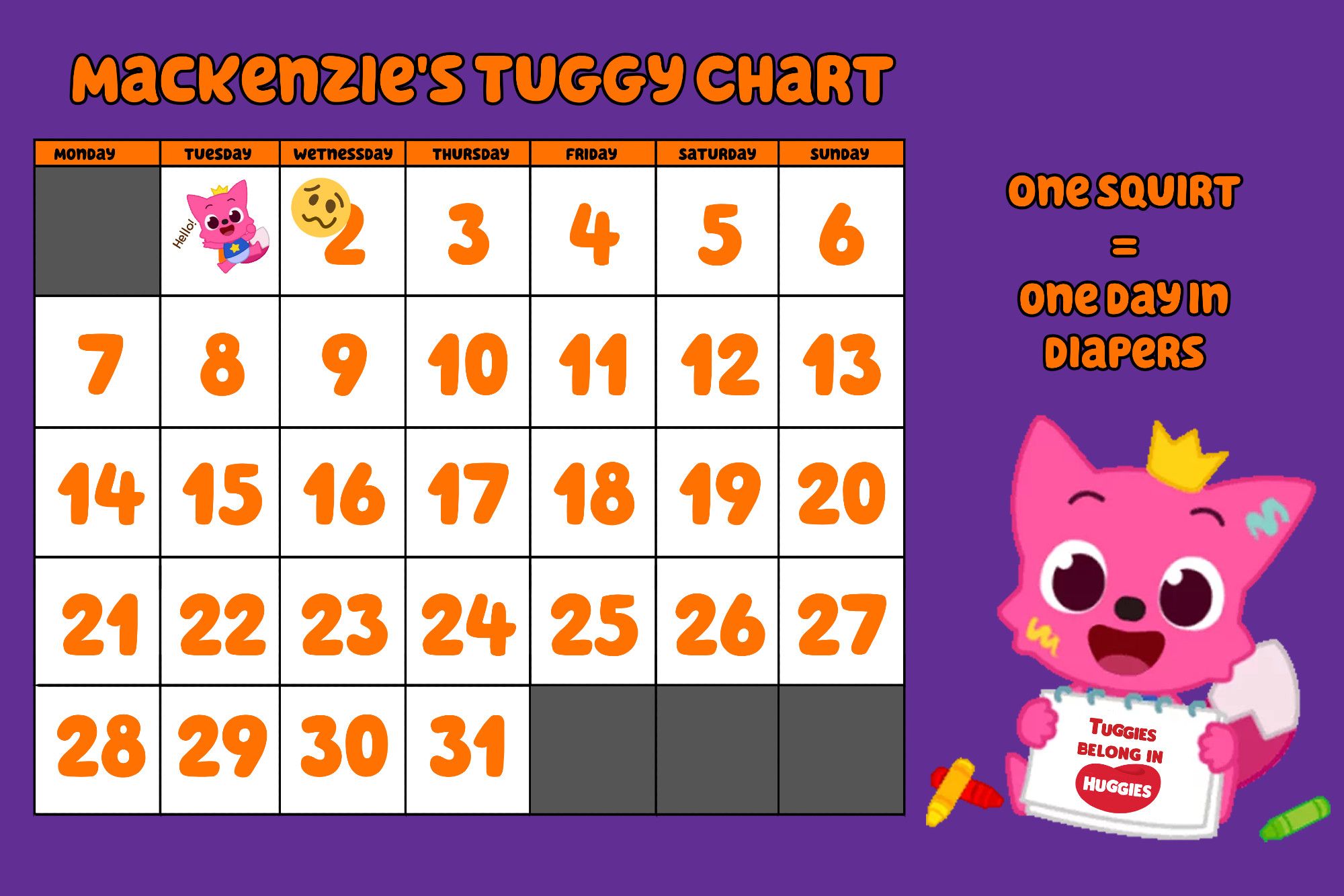 Mackenzie's Tuggy Chart. A calendar for the month of October 2024. To the side is Pinkfong, with crayons on the floor around him, holding a piece of paper that says "Tuggies belong in Huggies." Above Pinkfong it says "One squirt equals one day in diapers." October first has a cheerful pinkfong sticker on it. October Second has a woozy face emoji on it.