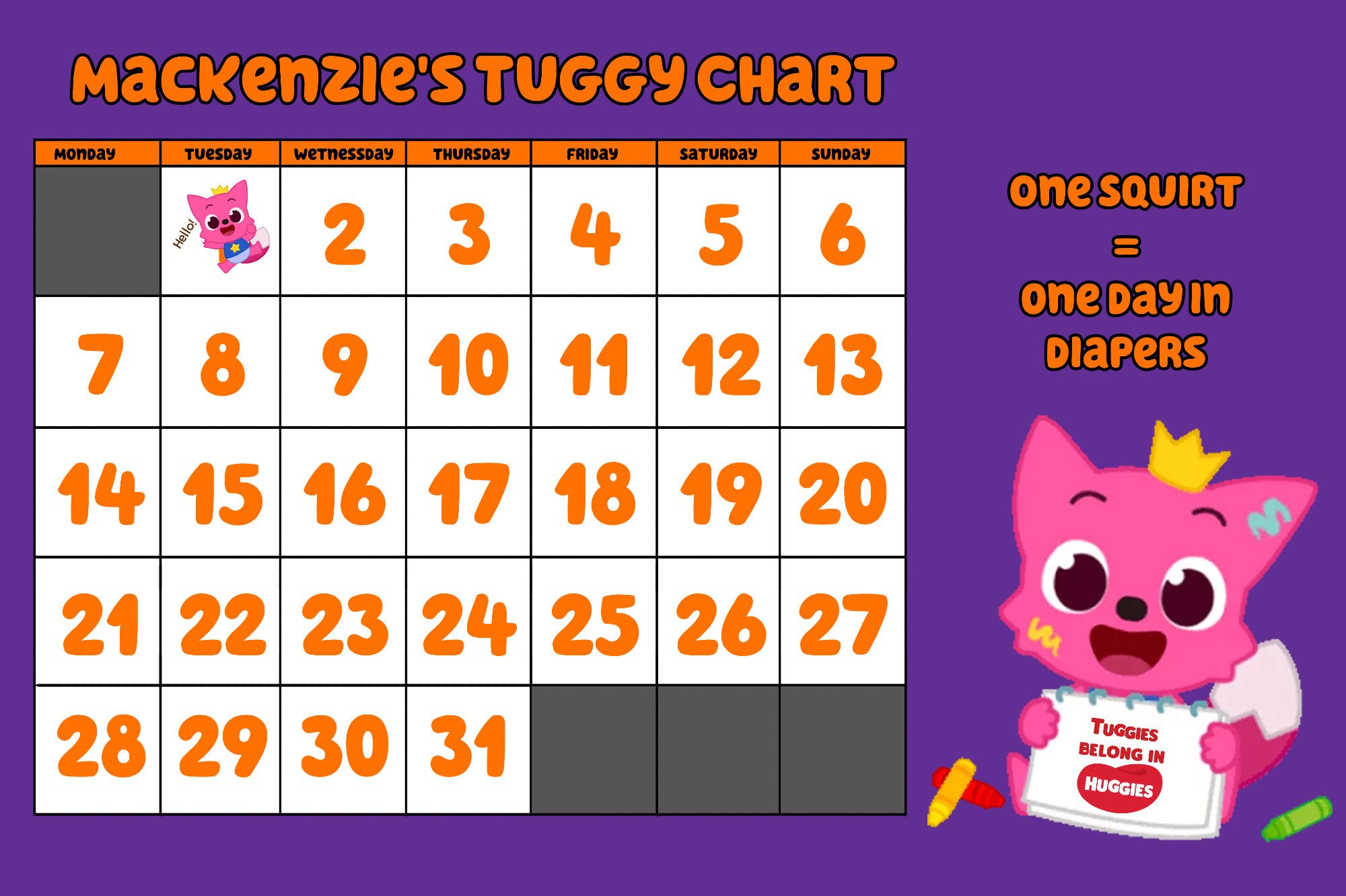 Mackenzie's Tuggy Chart. A calendar for the month of October 2024. To the side is Pinkfong, with crayons on the floor around him, holding a piece of paper that says "Tuggies belong in Huggies." Above Pinkfong it says "One squirt equals one day in diapers." October first has a cheerful pinkfong sticker on it.