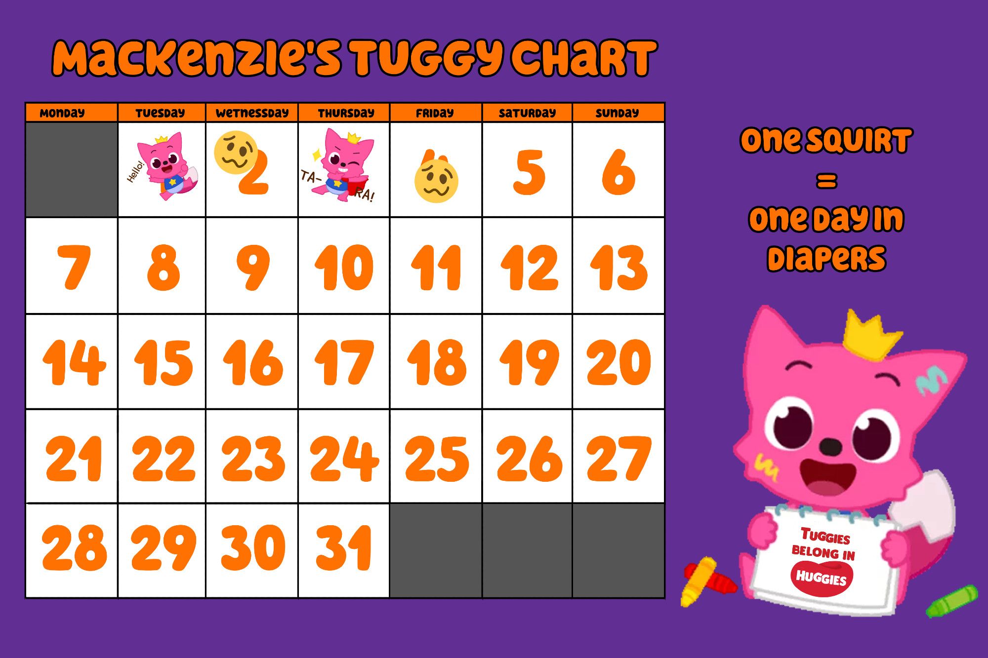 Mackenzie's Tuggy Chart. A calendar for the month of October 2024. To the side is Pinkfong, with crayons on the floor around him, holding a piece of paper that says "Tuggies belong in Huggies." Above Pinkfong it says "One squirt equals one day in diapers." October first has a cheerful pinkfong sticker on it. October Second has a woozy face emoji on it. October third has a dabbing Pinkfong sticker. There is a woozy face on October fourth.