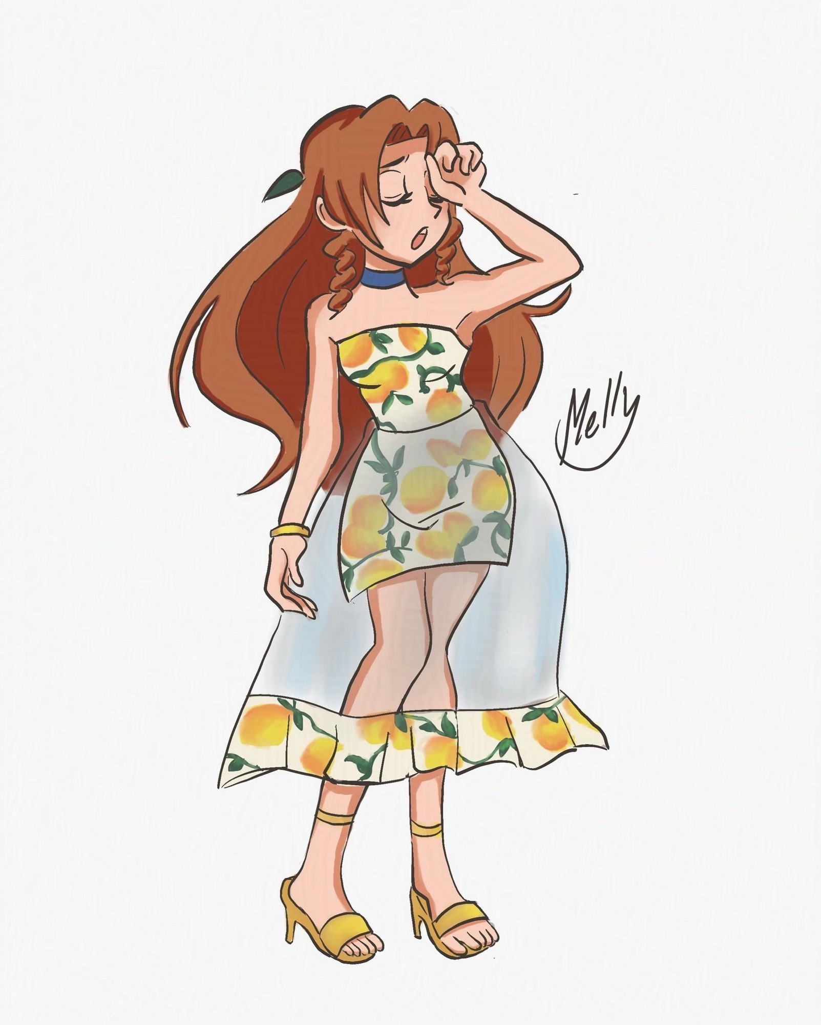 Illustration of Aerith in her fruit-themed Ever Crisis summer dress acting fatigued 