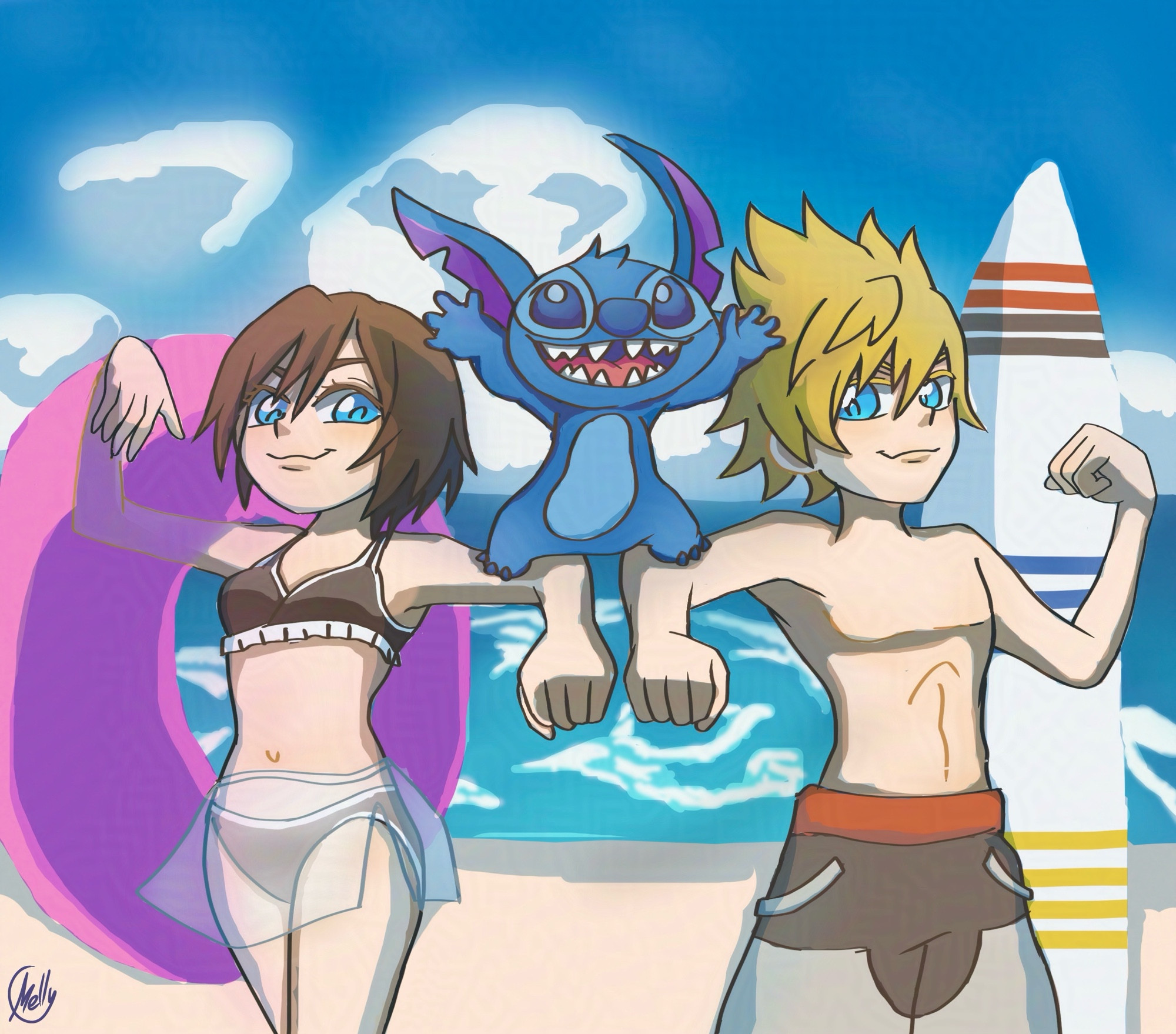 Roxas and Xion hanging out with Stitch at the beach 